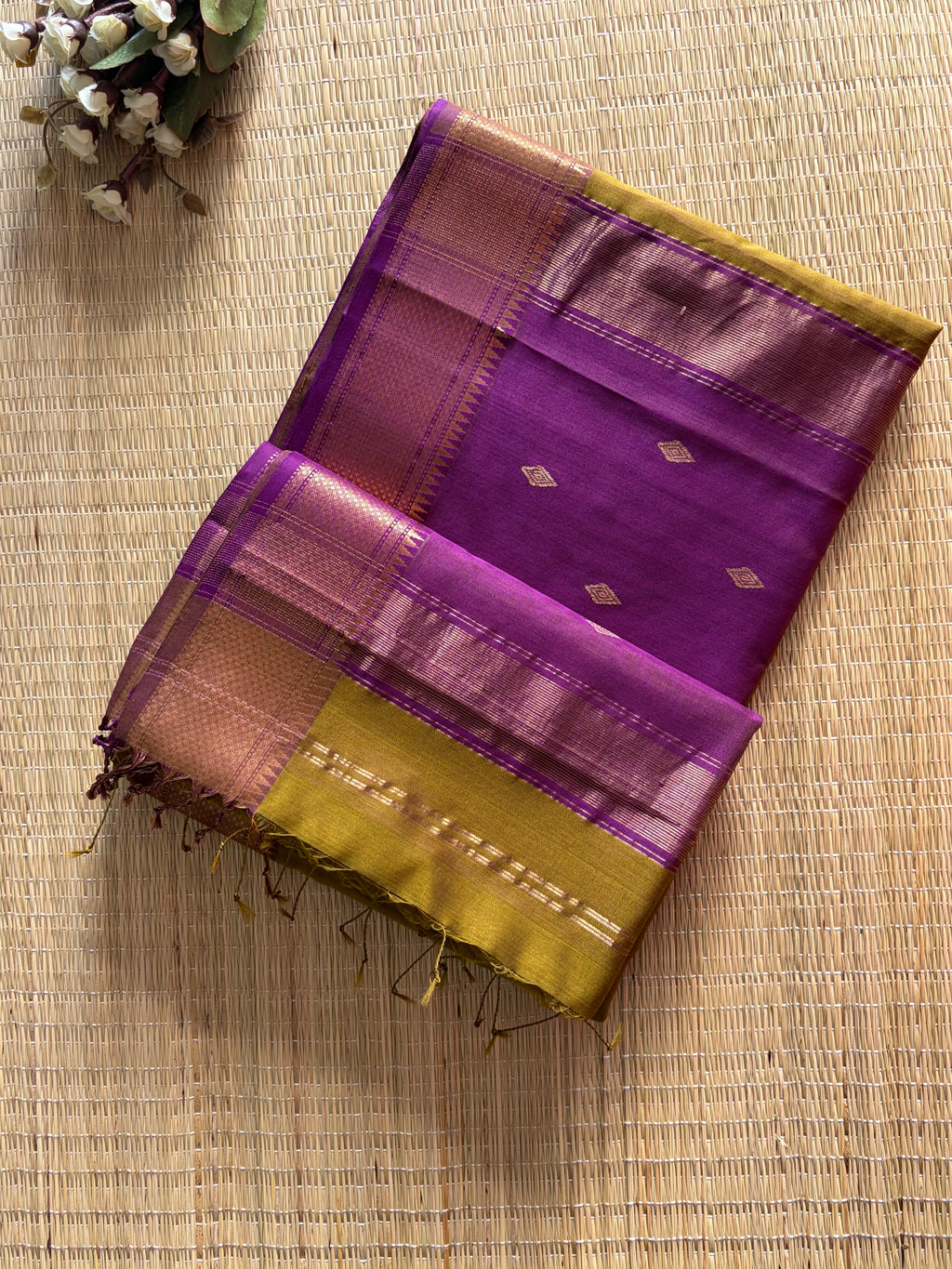 Diamond Mehendi Purple Maheshwari Handloom Saree