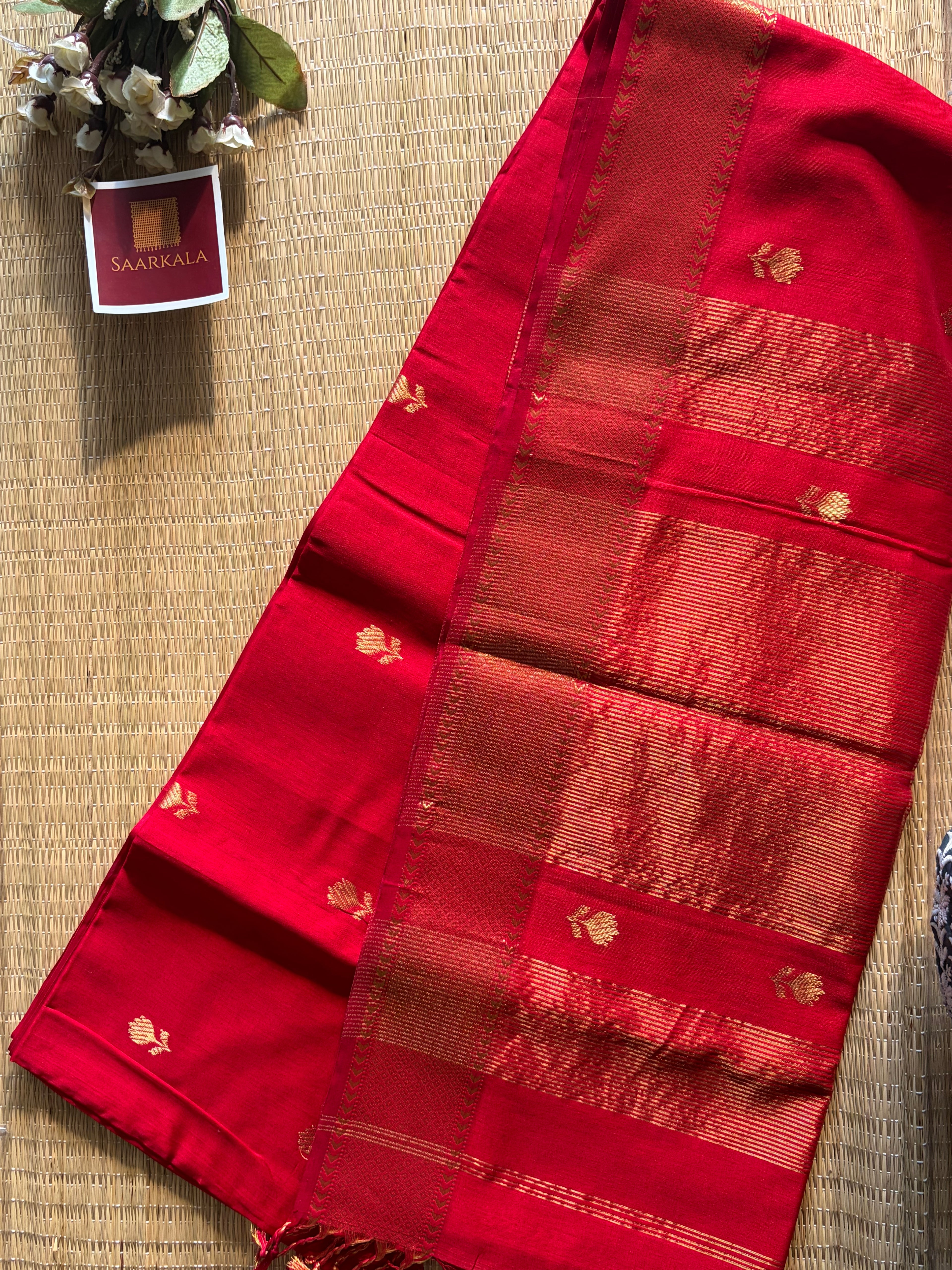 Red Lotus Maheshwari silk and cotton Saree