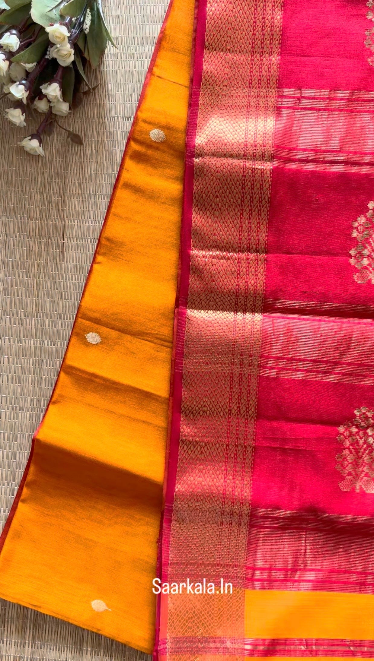 Floral Buta Musturd Red Maheshwari Handloom Saree