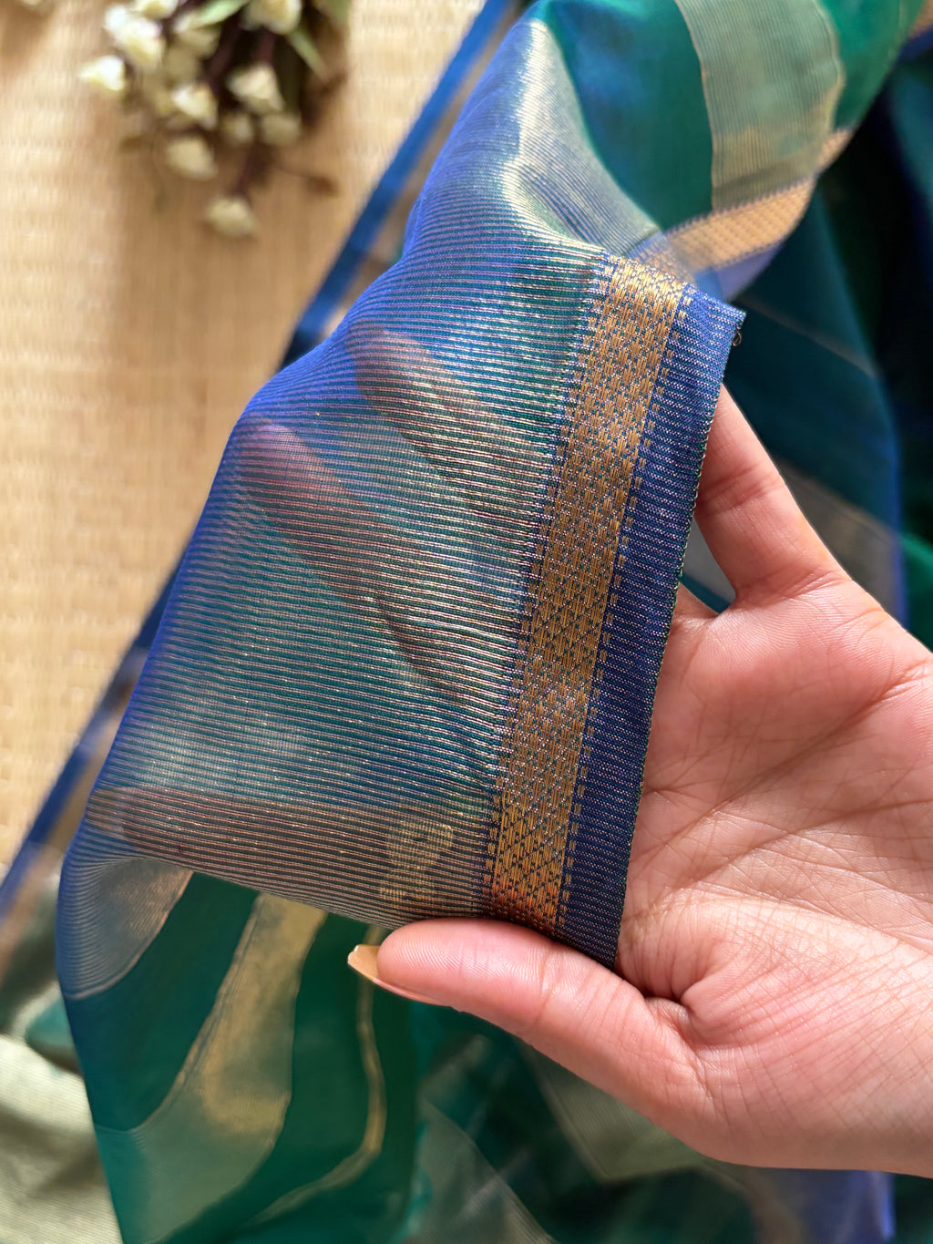 Peacock Green Dual Shaded Maheshwari Handwoven Saree with Gold Zari Border