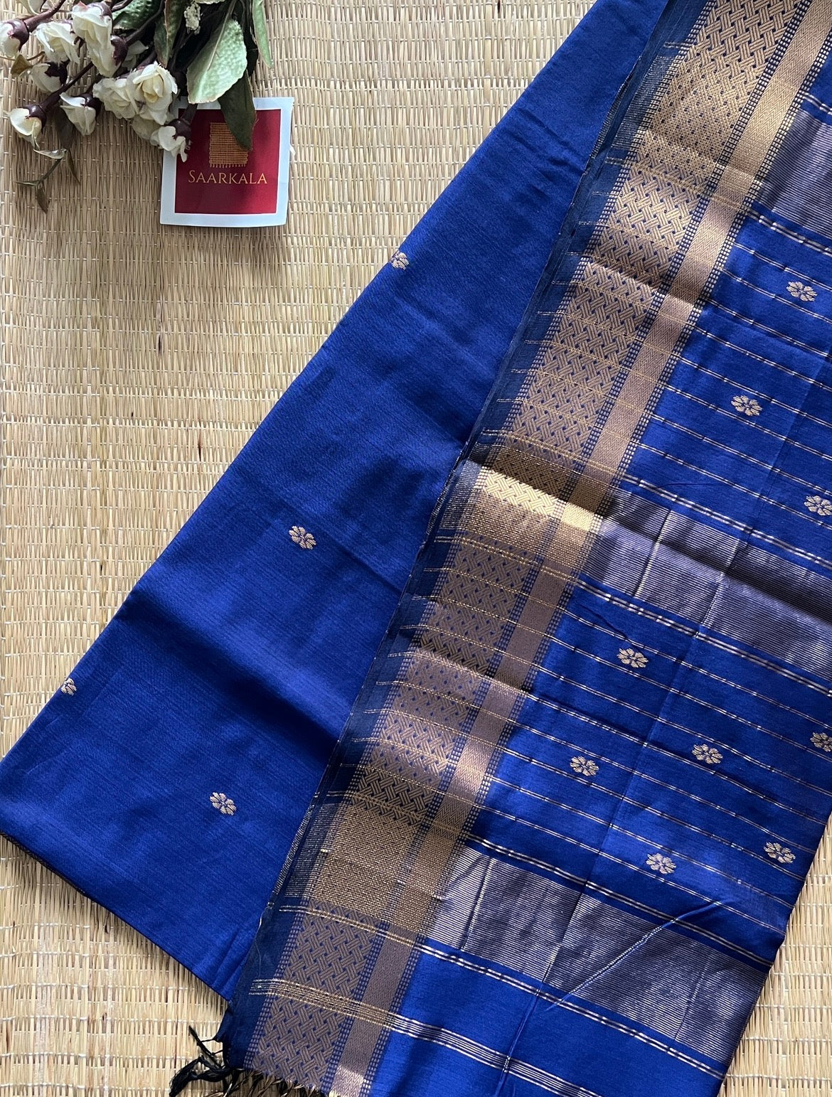 Khatia Blue Maheshwari Handwoven Saree with Gold Zari Border
