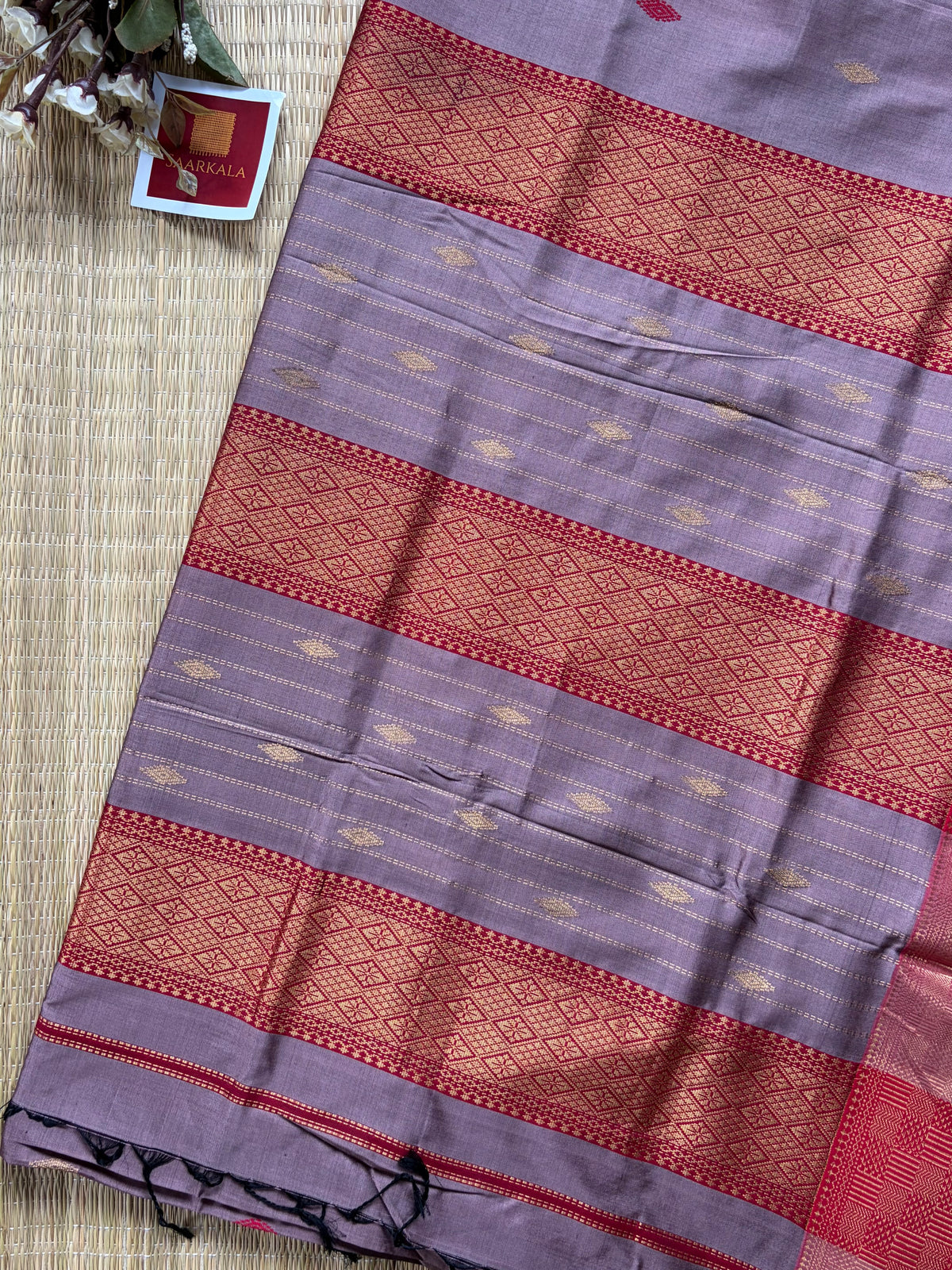 Lavender & Red Pallu Pure Silk Pink Maheshwari Handloom Saree