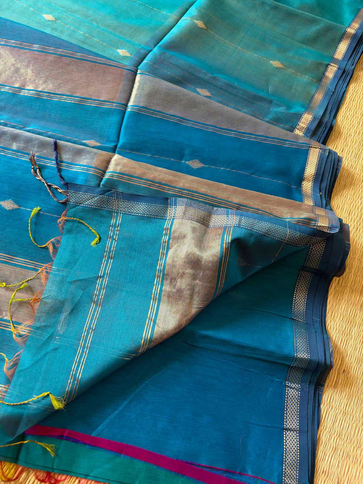 Blue Tint Shaded Maheshwari Handwoven Saree with Gold Zari Border