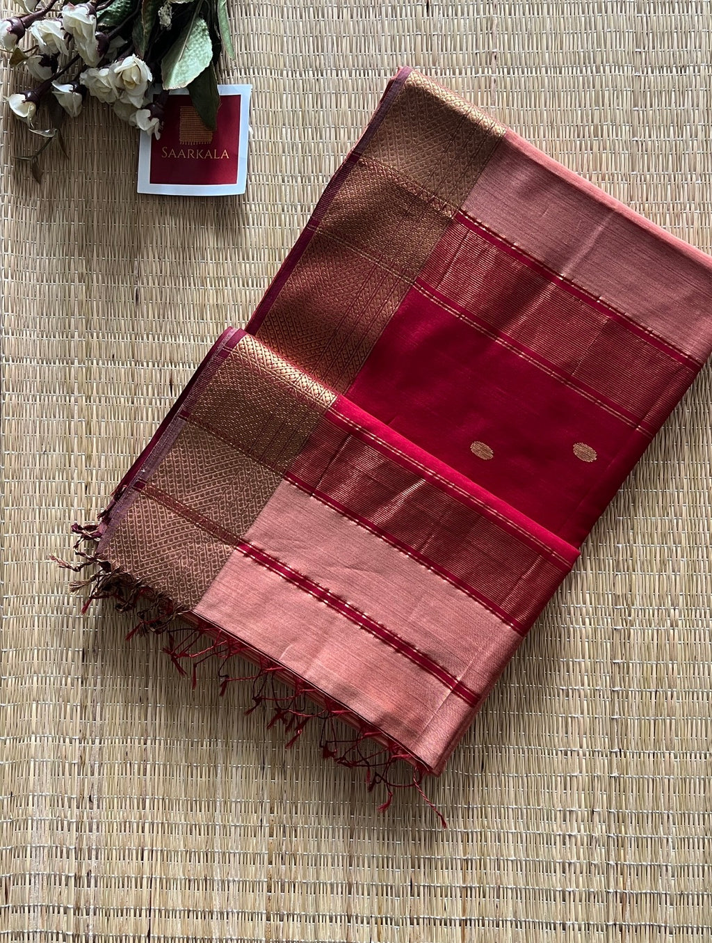 Sikka Pink Red Maheshwari Handwoven Saree with Gold Zari Border