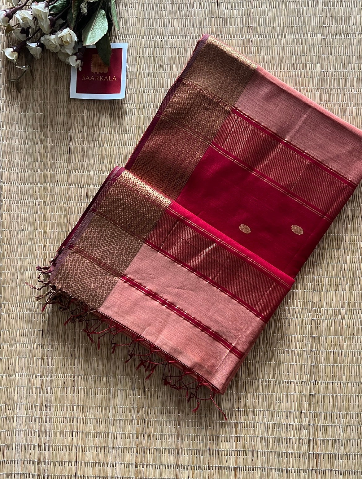 Sikka Pink Red Maheshwari Handwoven Saree with Gold Zari Border