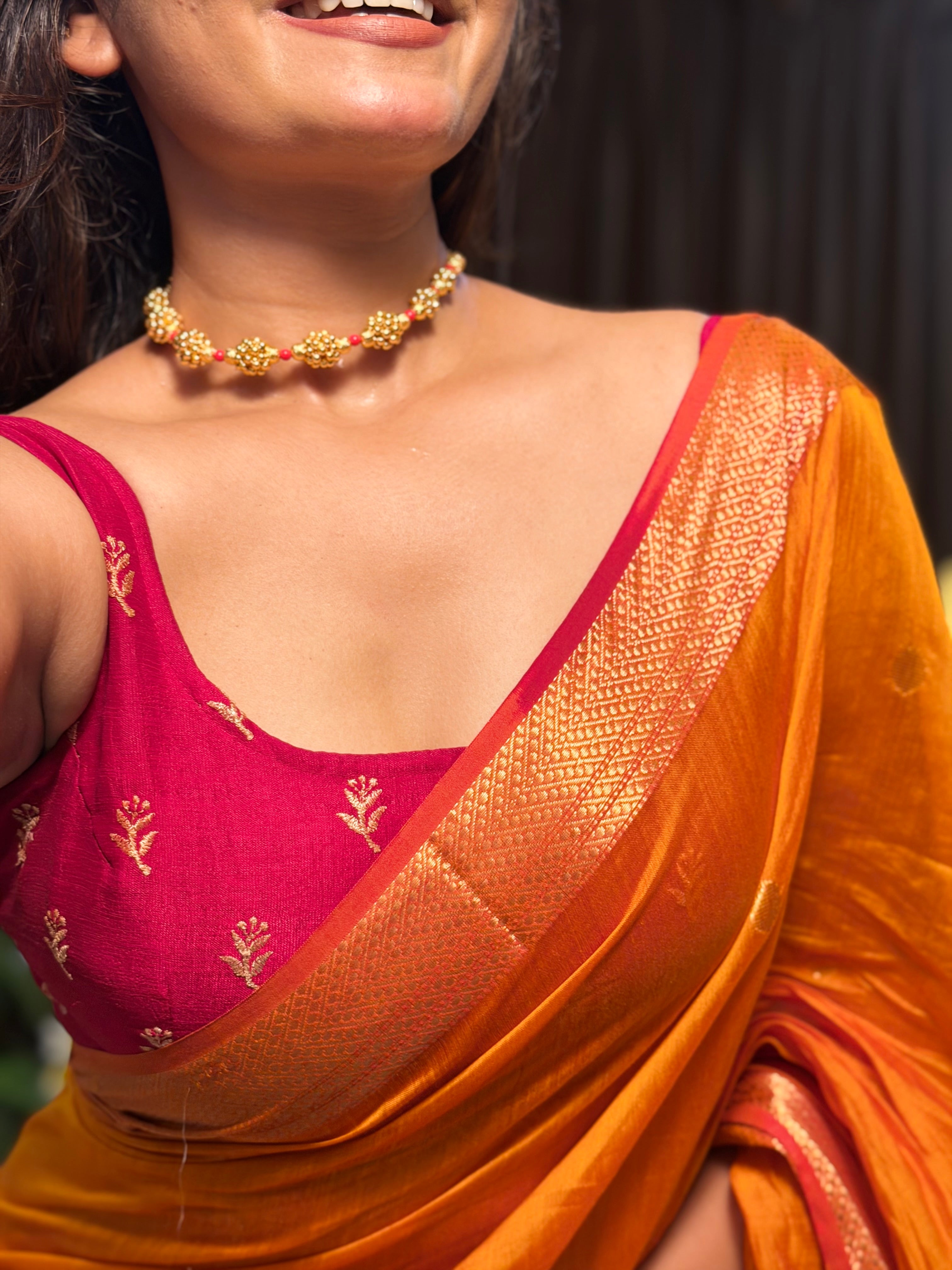 Ashu Floral Buta Mustard & red Maheshwari silk by cotton handloom saree