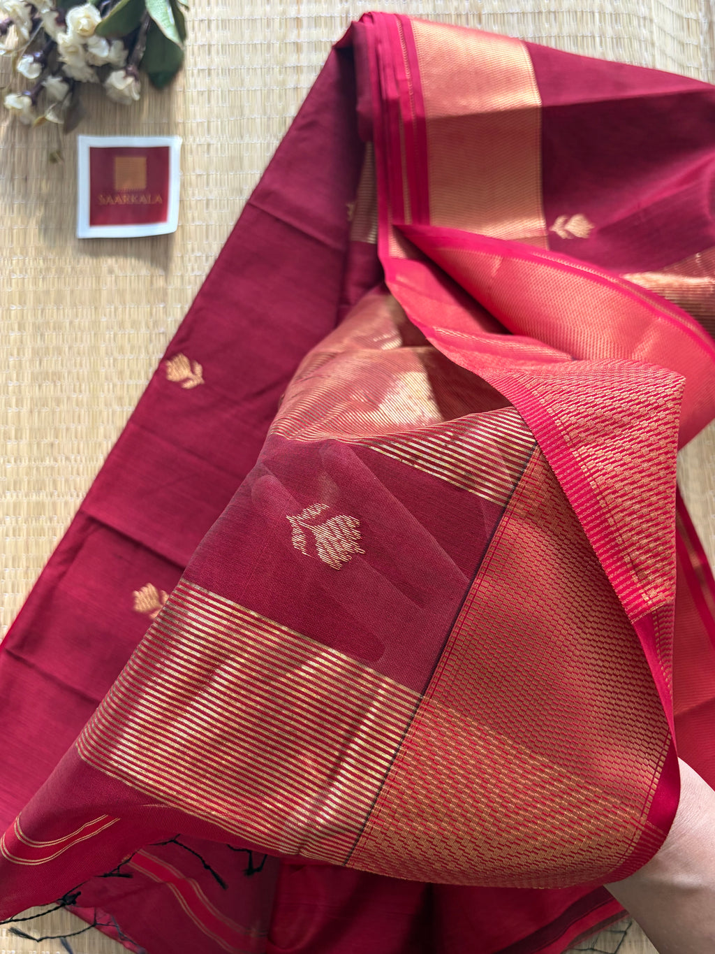 Lotus Maroon Red Maheshwari Handloom Saree with Gold Border