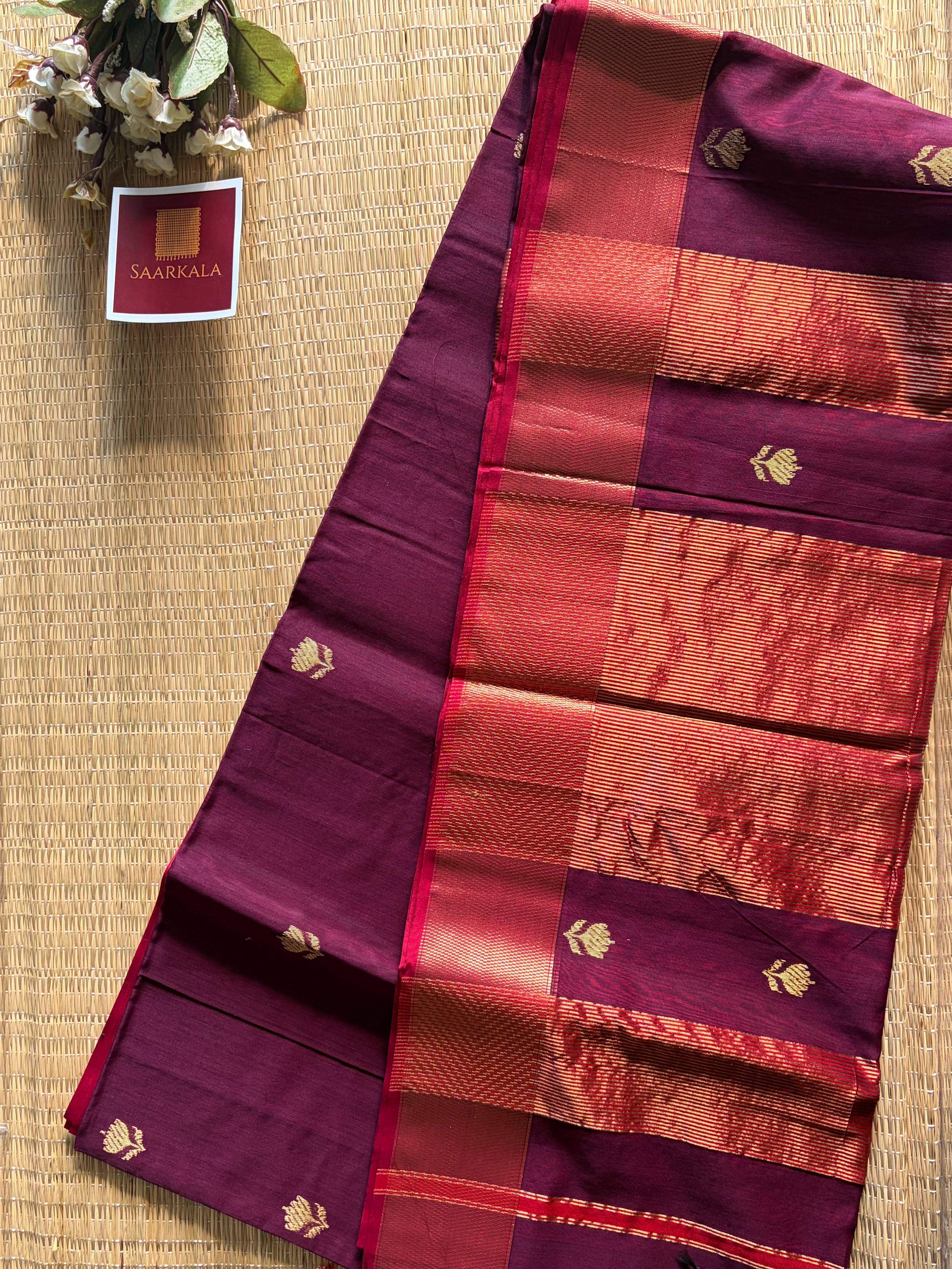 Chocoa Maroon Lotus Maheshwari silk and cotton Saree