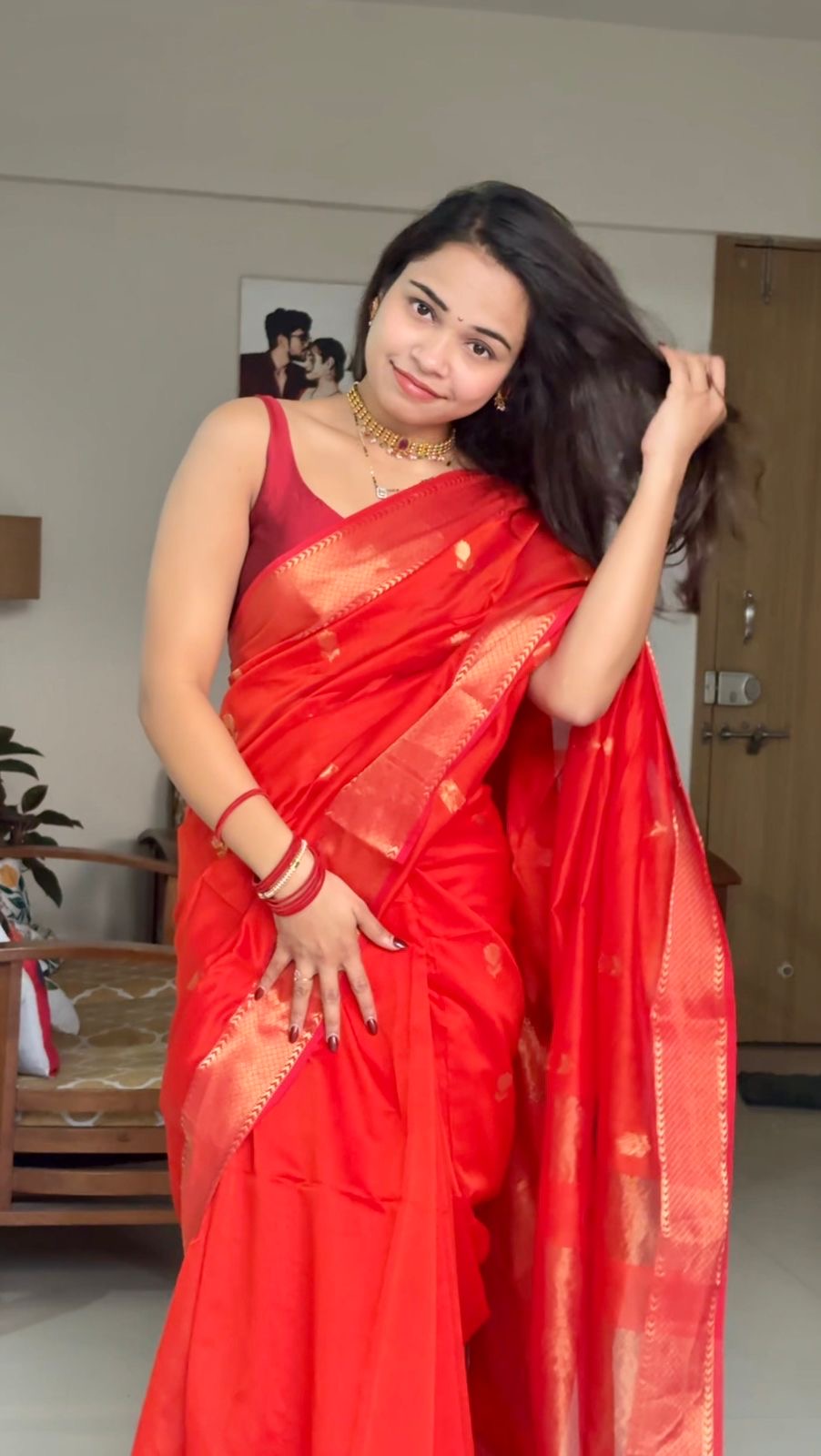 Lotus Orange Maheshwari Handloom Saree