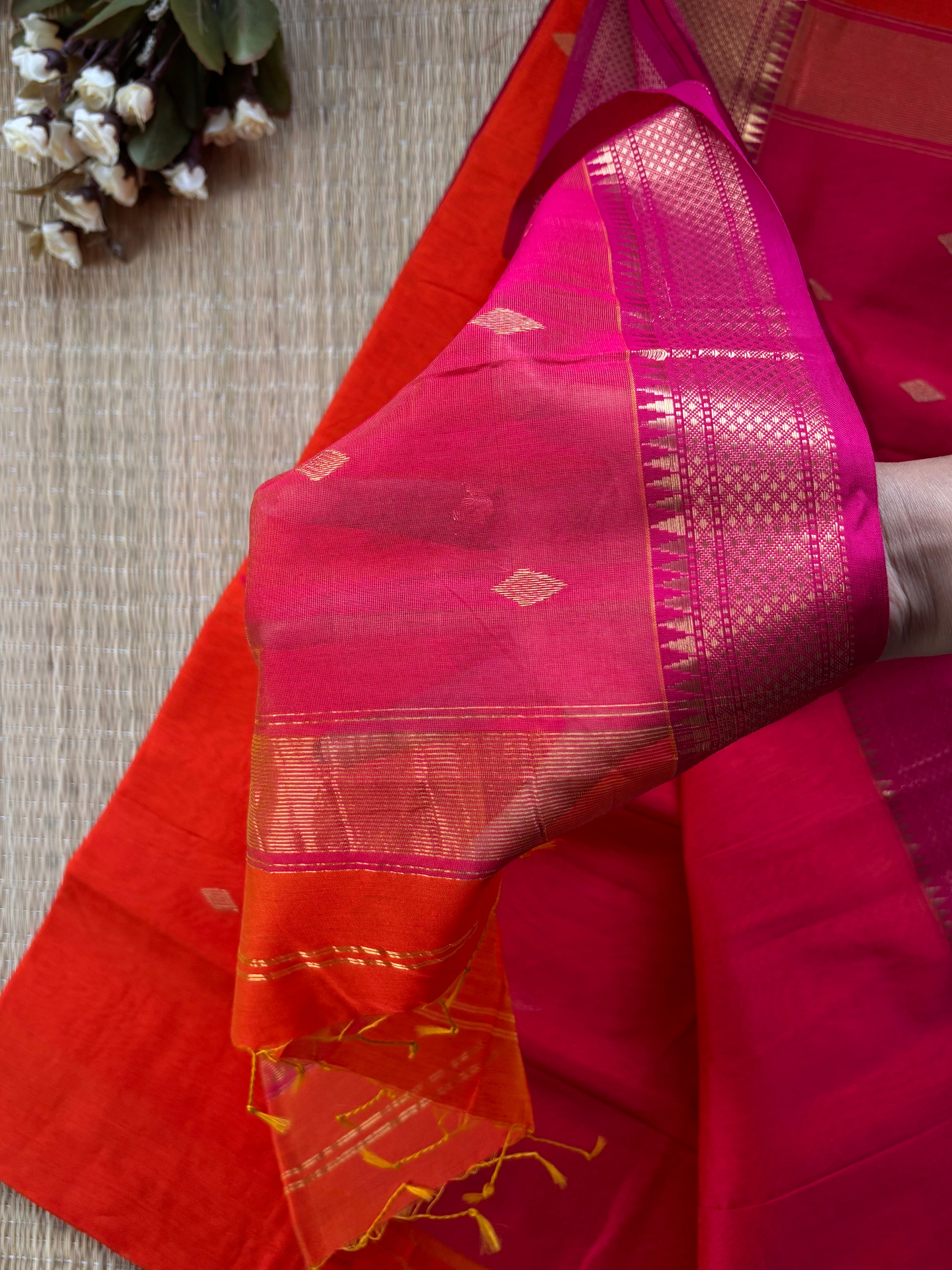 Diamond Buta Orange Pink Maheshwari Handloom Saree