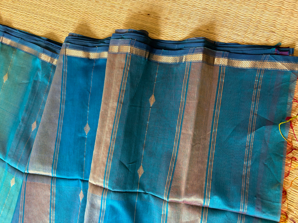 Blue Tint Shaded Maheshwari Handwoven Saree with Gold Zari Border