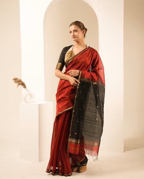 Chameli Red Black Maheshwari Handloom Saree