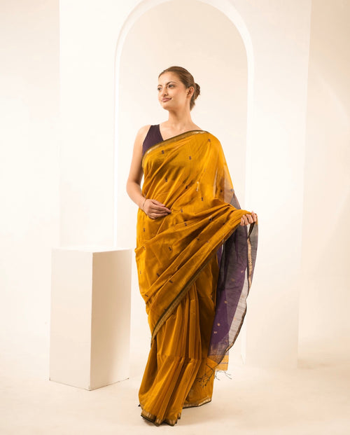 Chameli Mustard Purple Maheshwari Handloom Saree