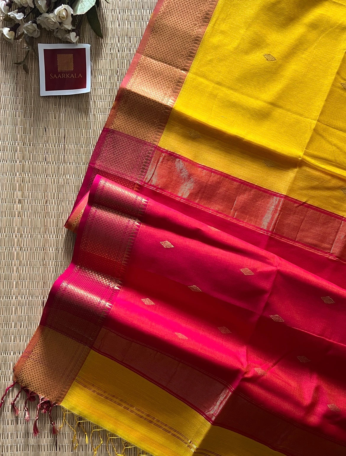 Karvath Pink Yellow silk & cotton pure Handloom saree