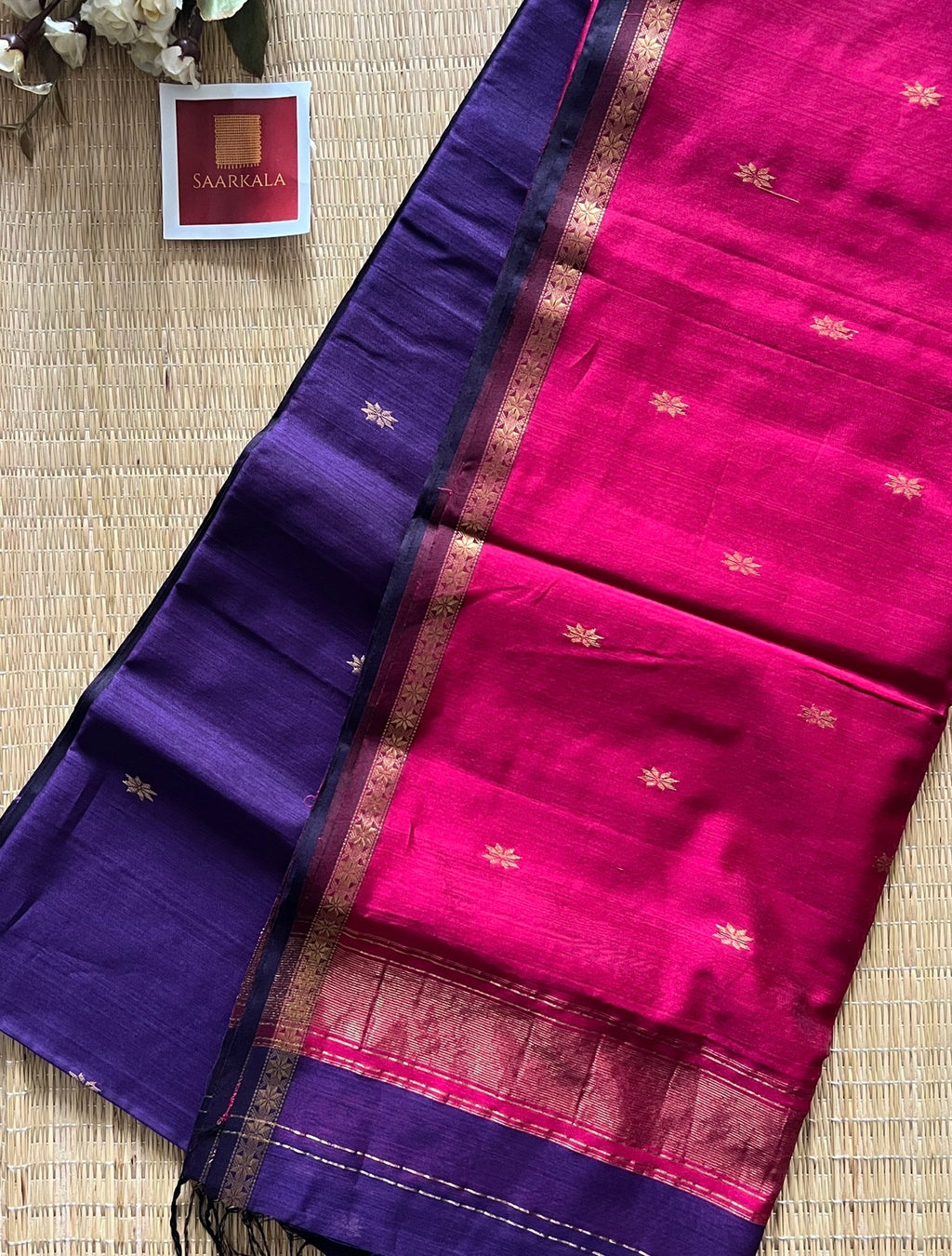Purple Pink Maheshwari Handwoven Saree with Gold Zari Border