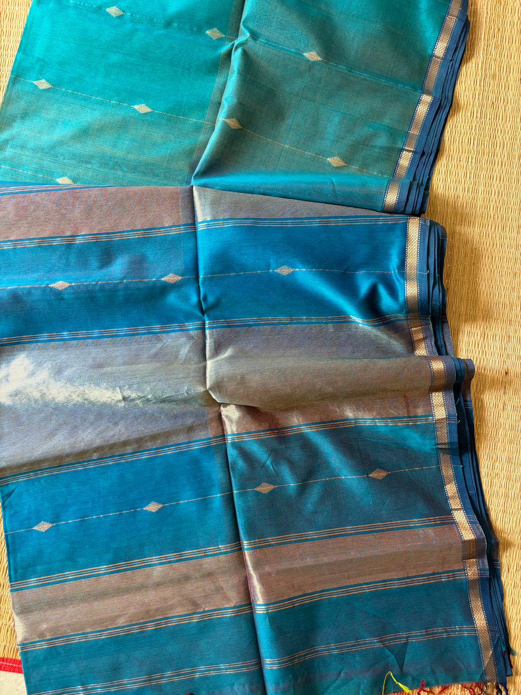 Blue Tint Shaded Maheshwari Handwoven Saree with Gold Zari Border