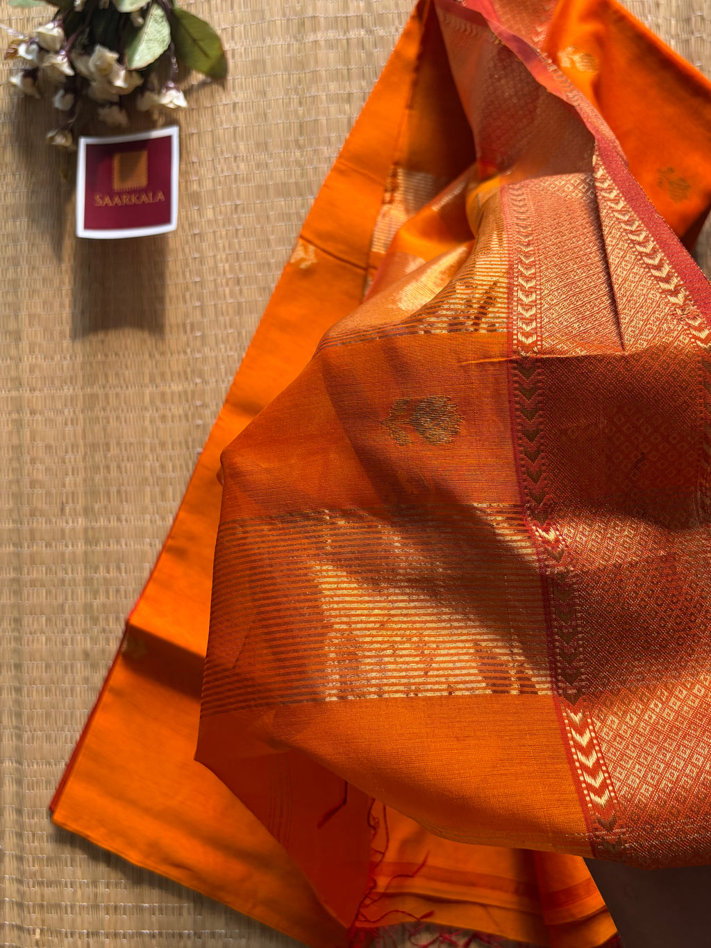 Golden Orange Lotus Maheshwari silk and cotton Saree