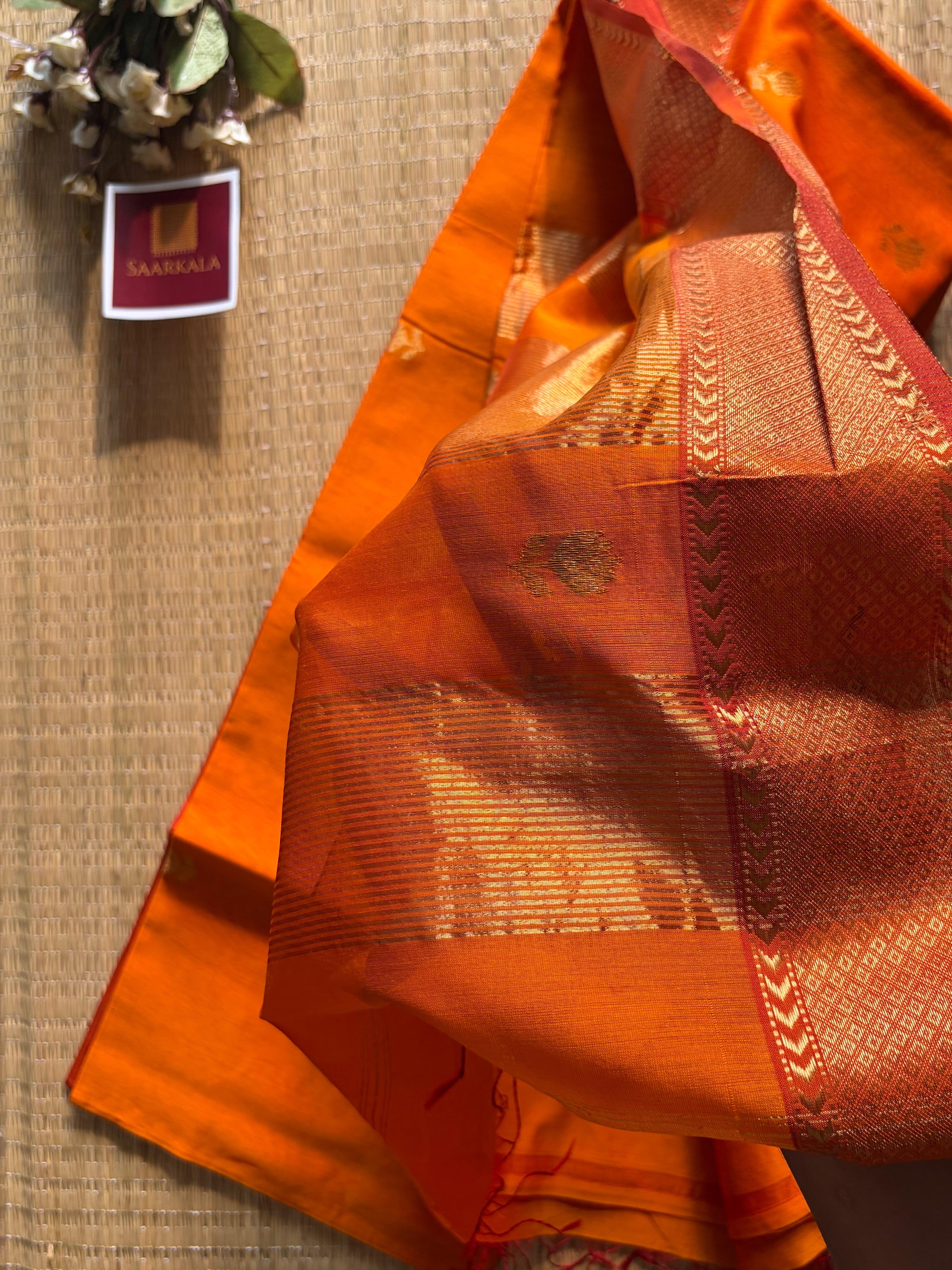 Golden Orange Lotus Maheshwari silk and cotton Saree