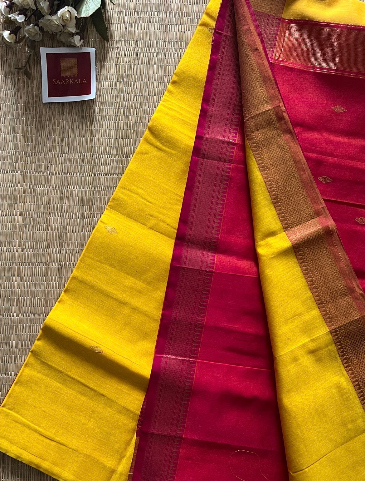 Karvath Pink Yellow silk & cotton pure Handloom saree