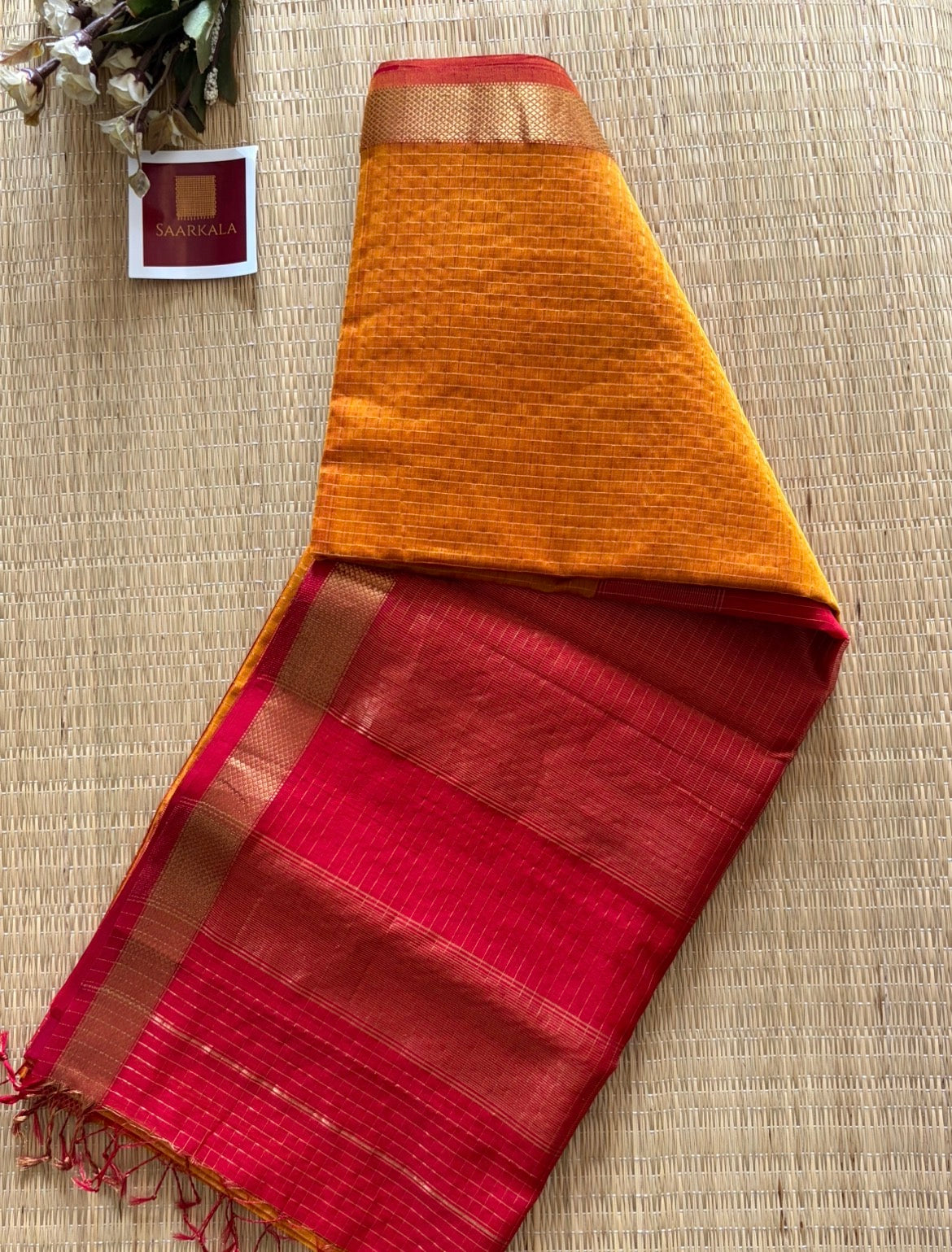 Mustard Red Checked Maheshwari Handwoven Saree with Gold Zari Border