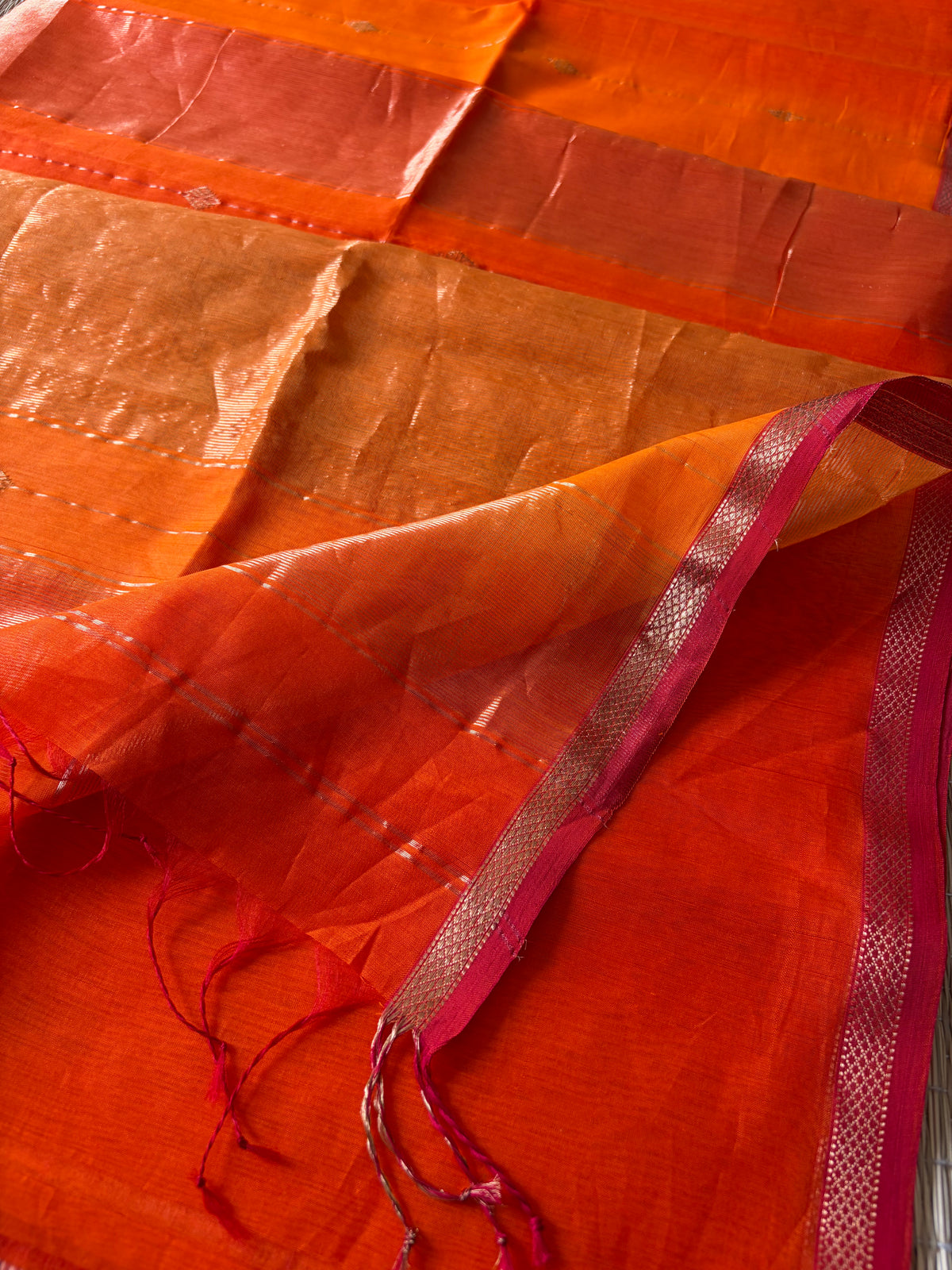 Kesar Orange Shaded Maheshwari Handwoven Saree with Gold Zari Border
