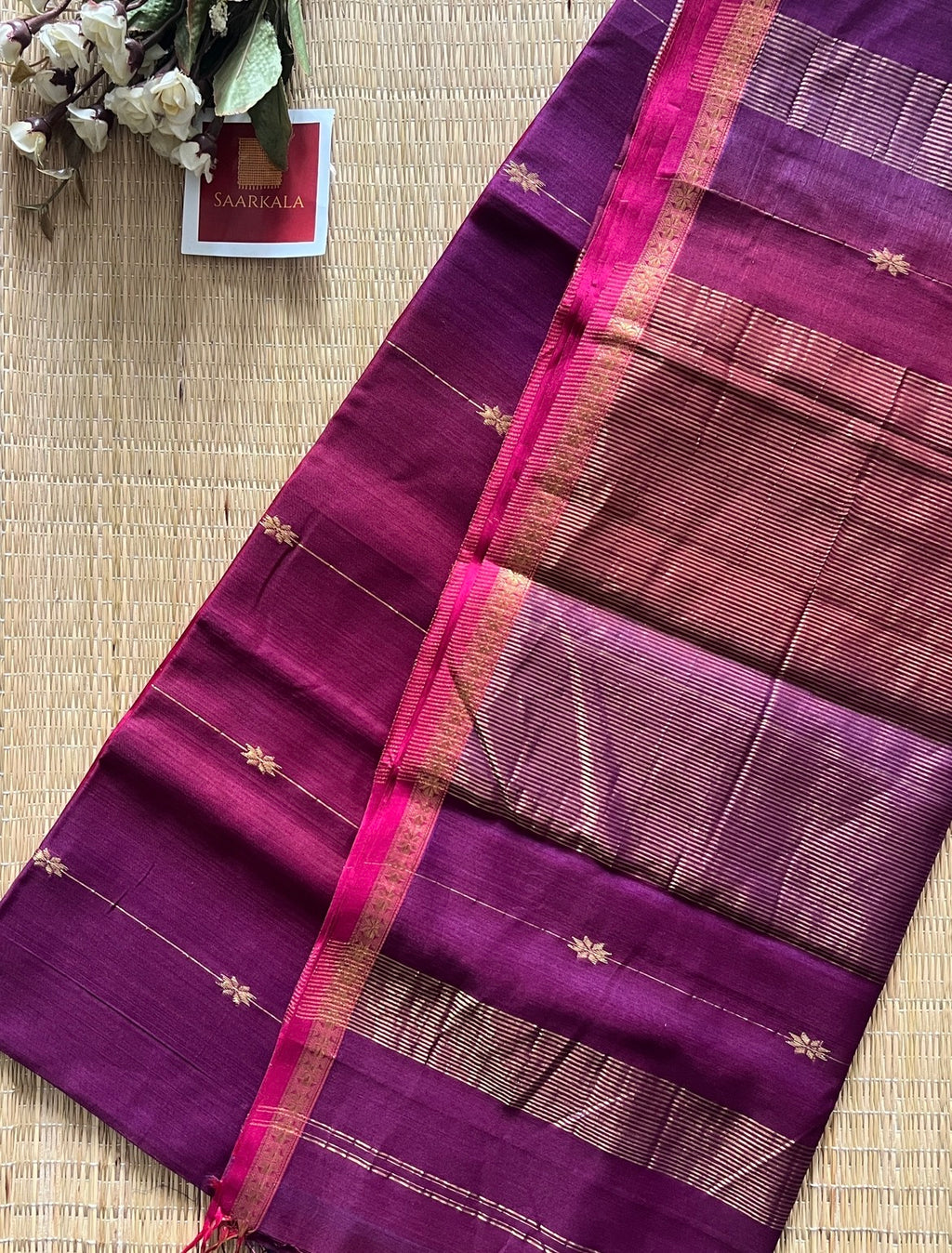 Dual Shaded Pink Purple Maheshwari Handwoven Saree with Gold Zari Border