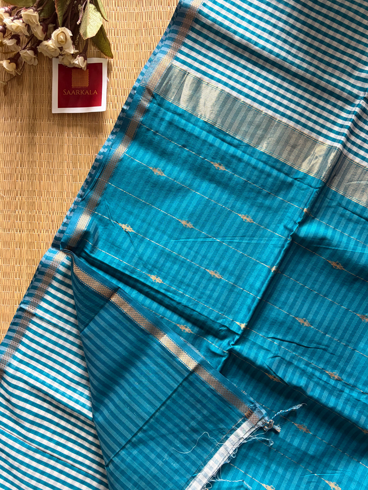 Gingham Rama Blue Maheshwari Handloom Saree