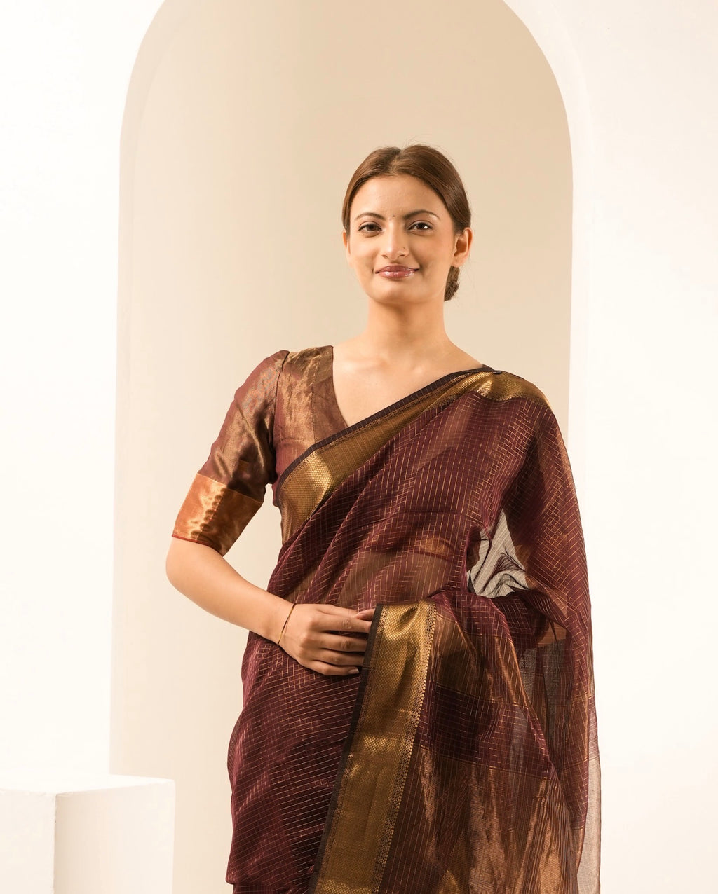 Checks Brown Maheshwari Handloom Saree