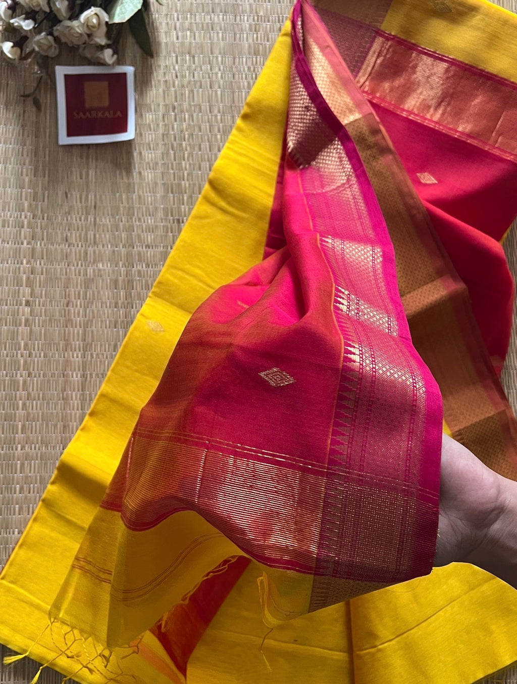 Karvath Pink Yellow silk & cotton pure Handloom saree