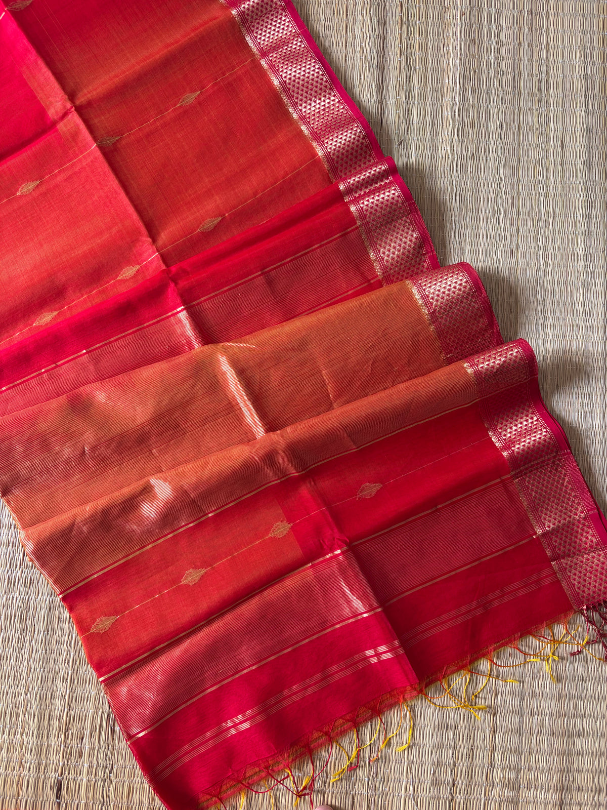 Reshami Red Shaded Maheshwari Handwoven Saree with Gold Butti