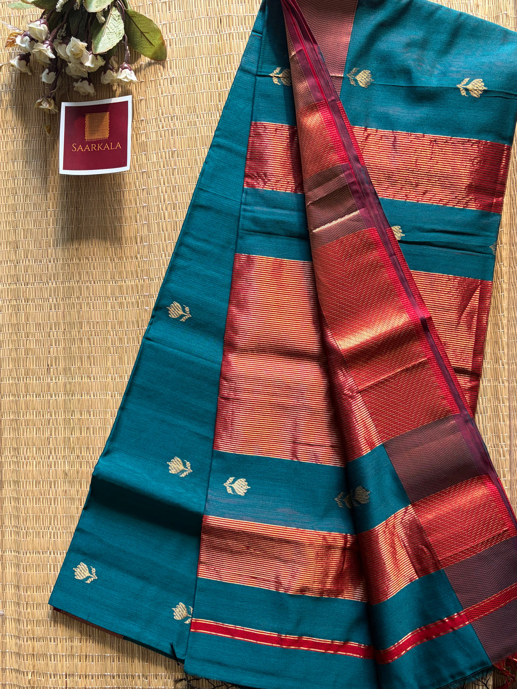 German Blue Red Lotus Maheshwari silk and cotton Saree