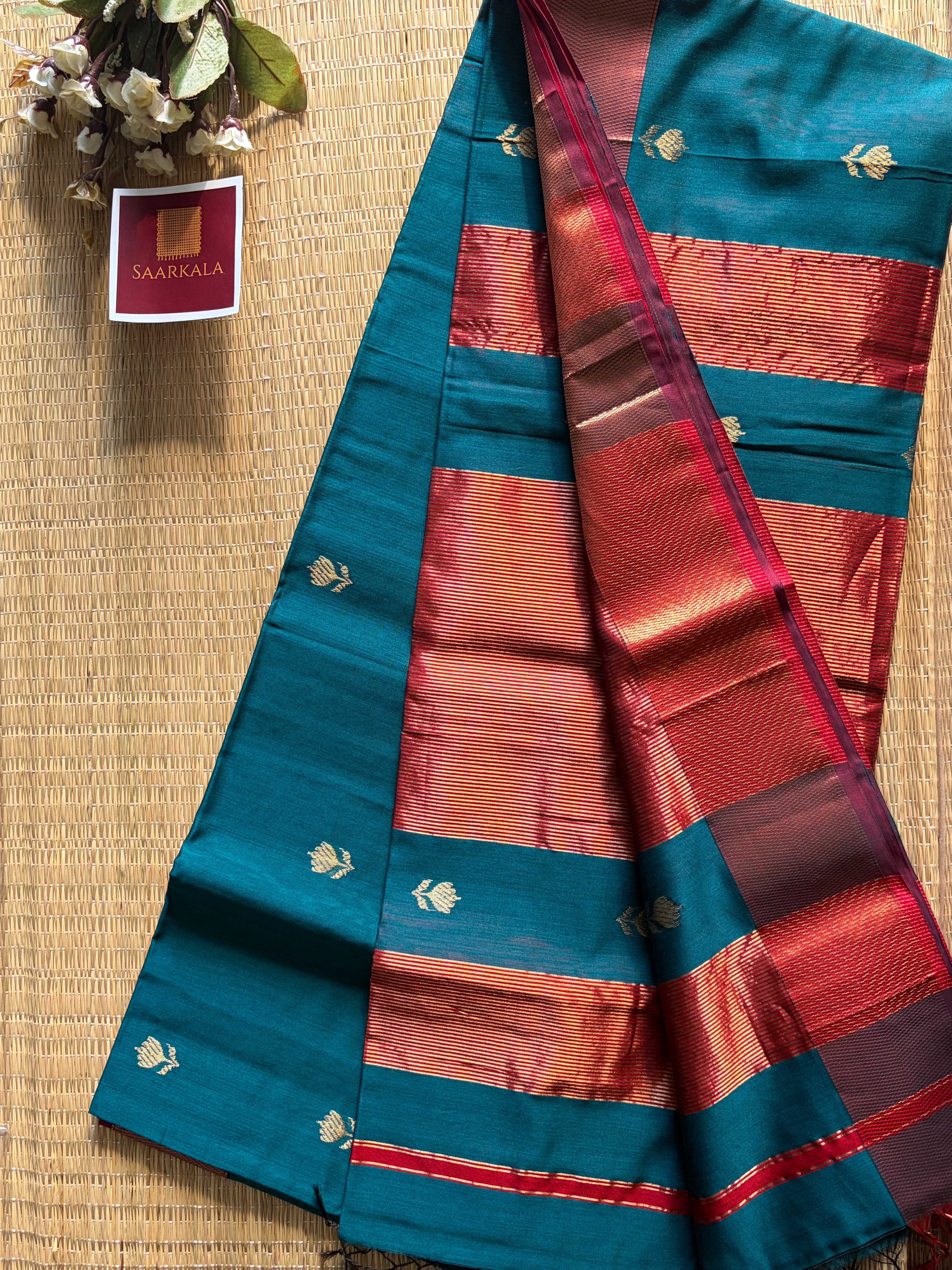 German Blue Red Lotus Maheshwari silk and cotton Saree