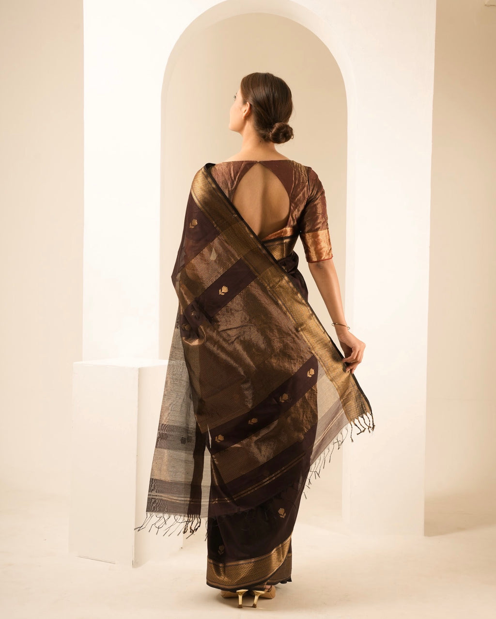 Lotus Brown Maheshwari Handloom Saree
