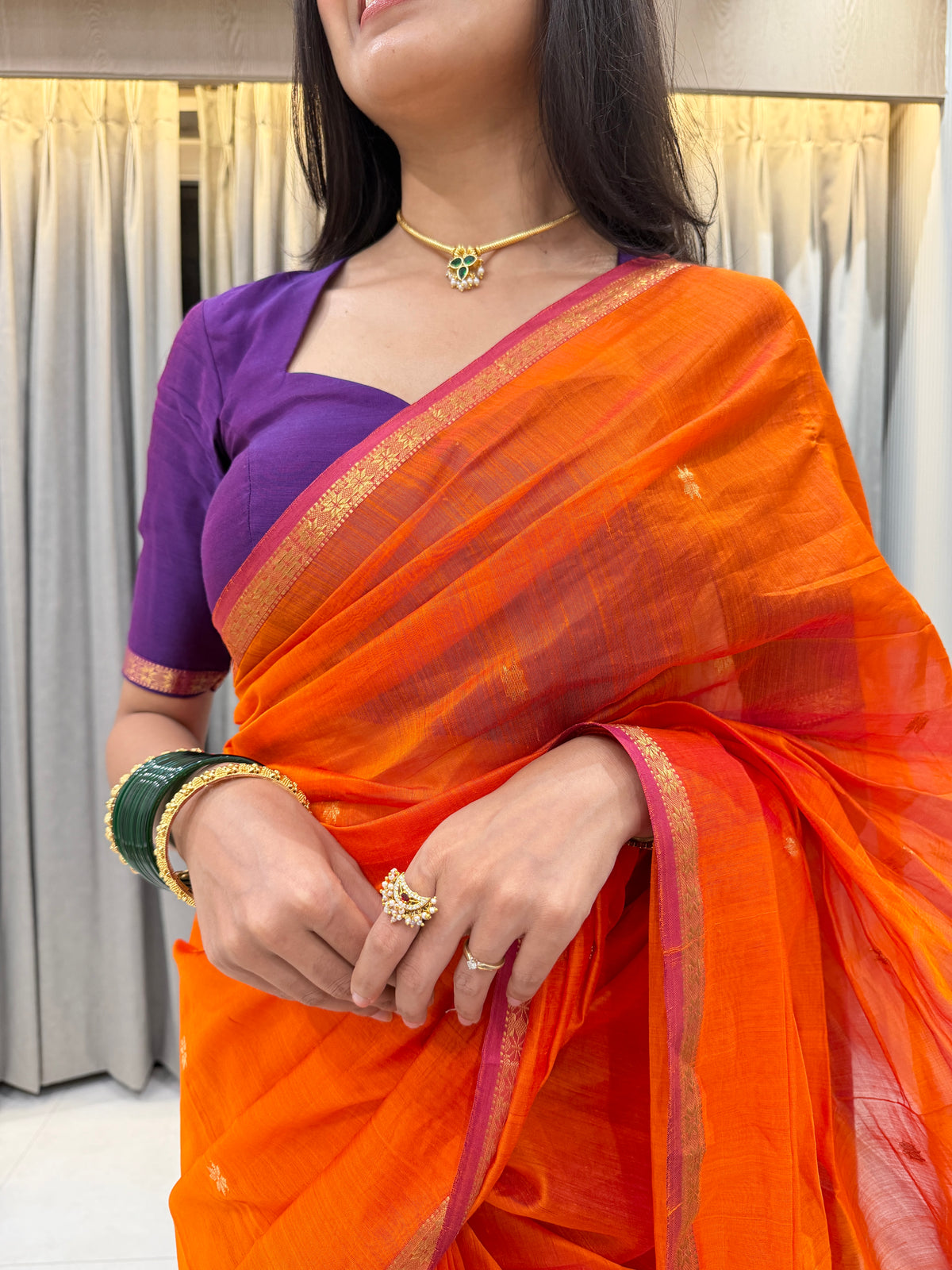 Sayali Kesari Purple Pallu Maheshwari Handloom Saree