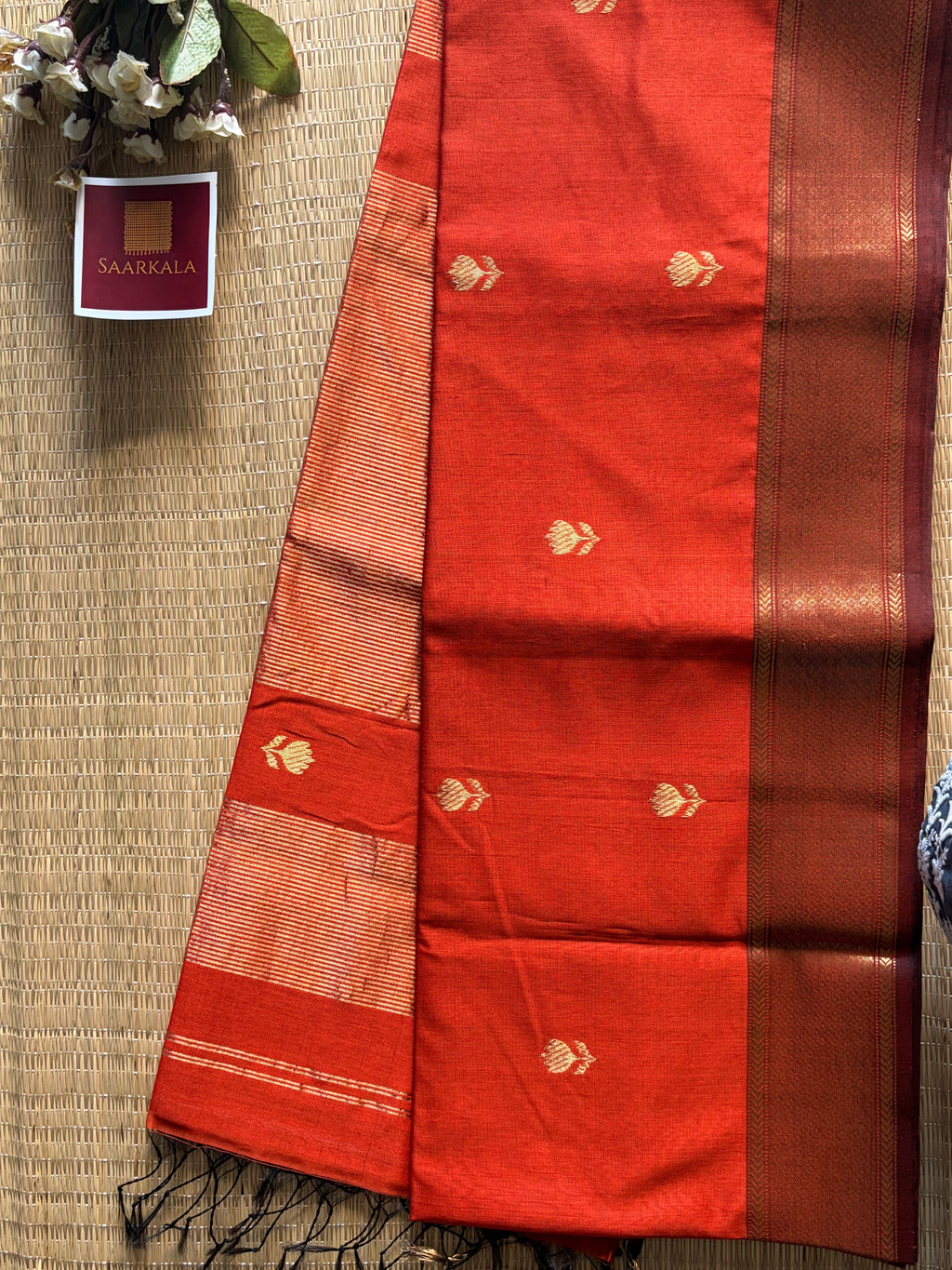 Rust Maheshwari silk and cotton Lotus Butta Saree
