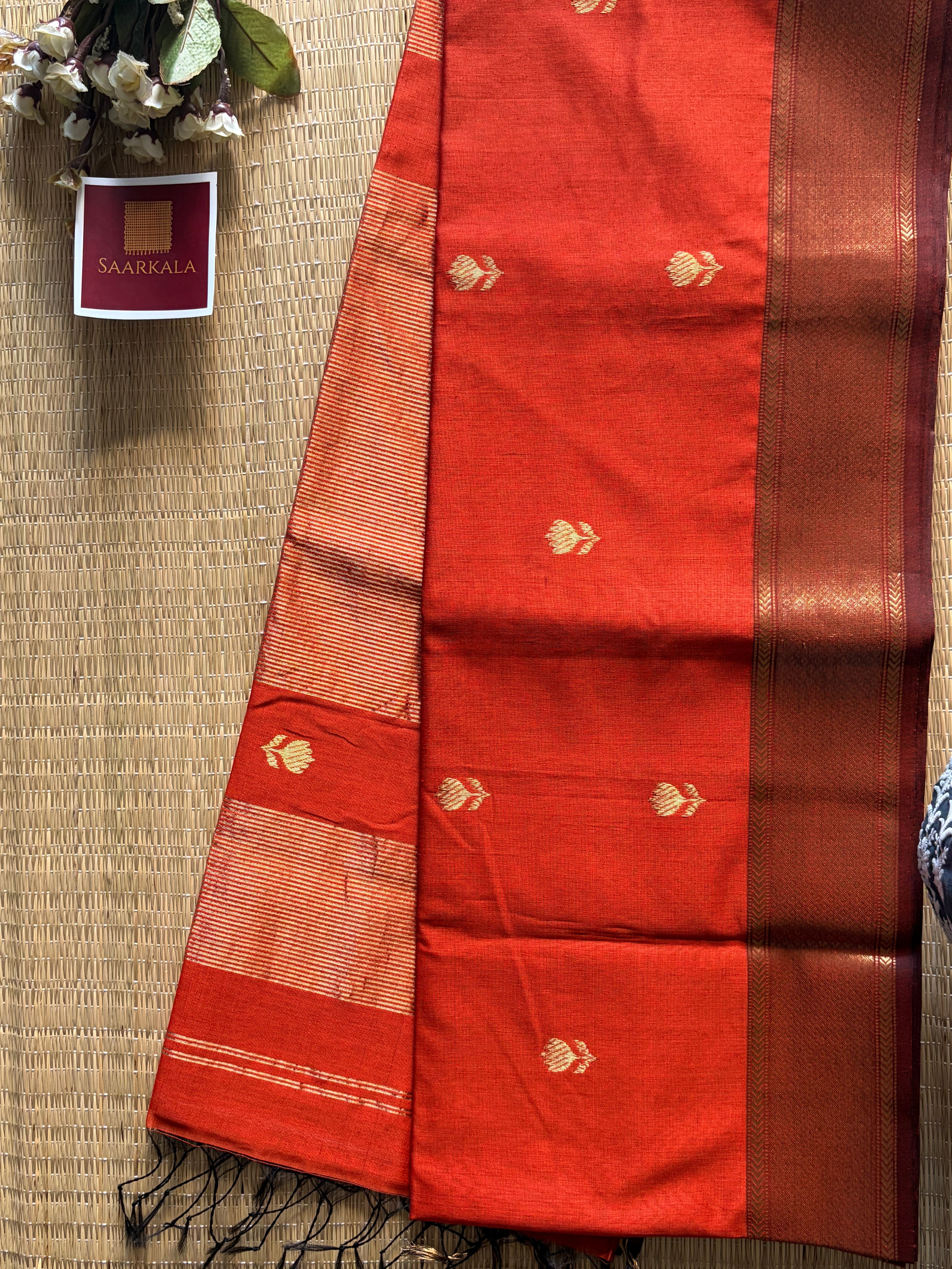 Rust Maheshwari silk and cotton Lotus Butta Saree