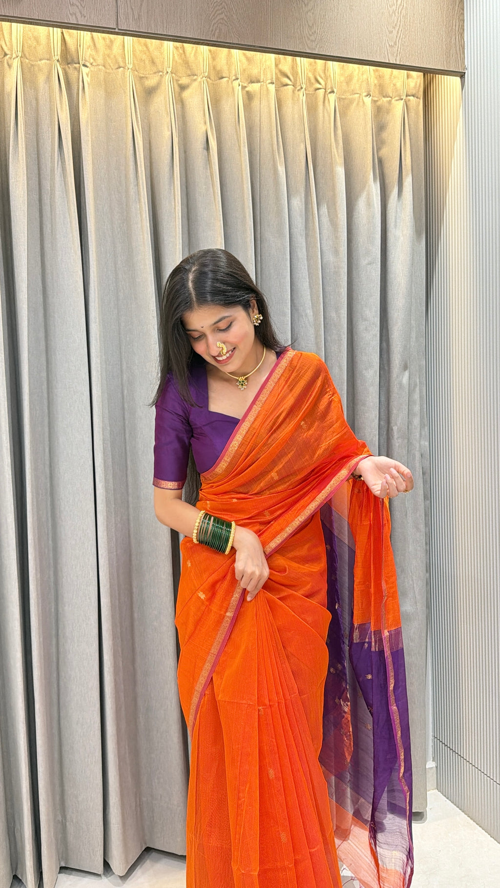 Sayali Kesari Purple Pallu Maheshwari Handloom Saree