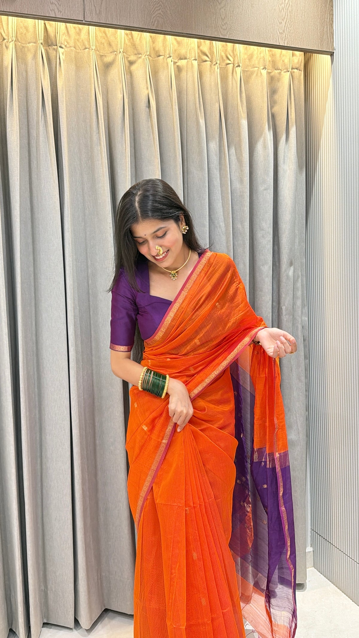 Sayali Kesari Purple Pallu Maheshwari Handloom Saree