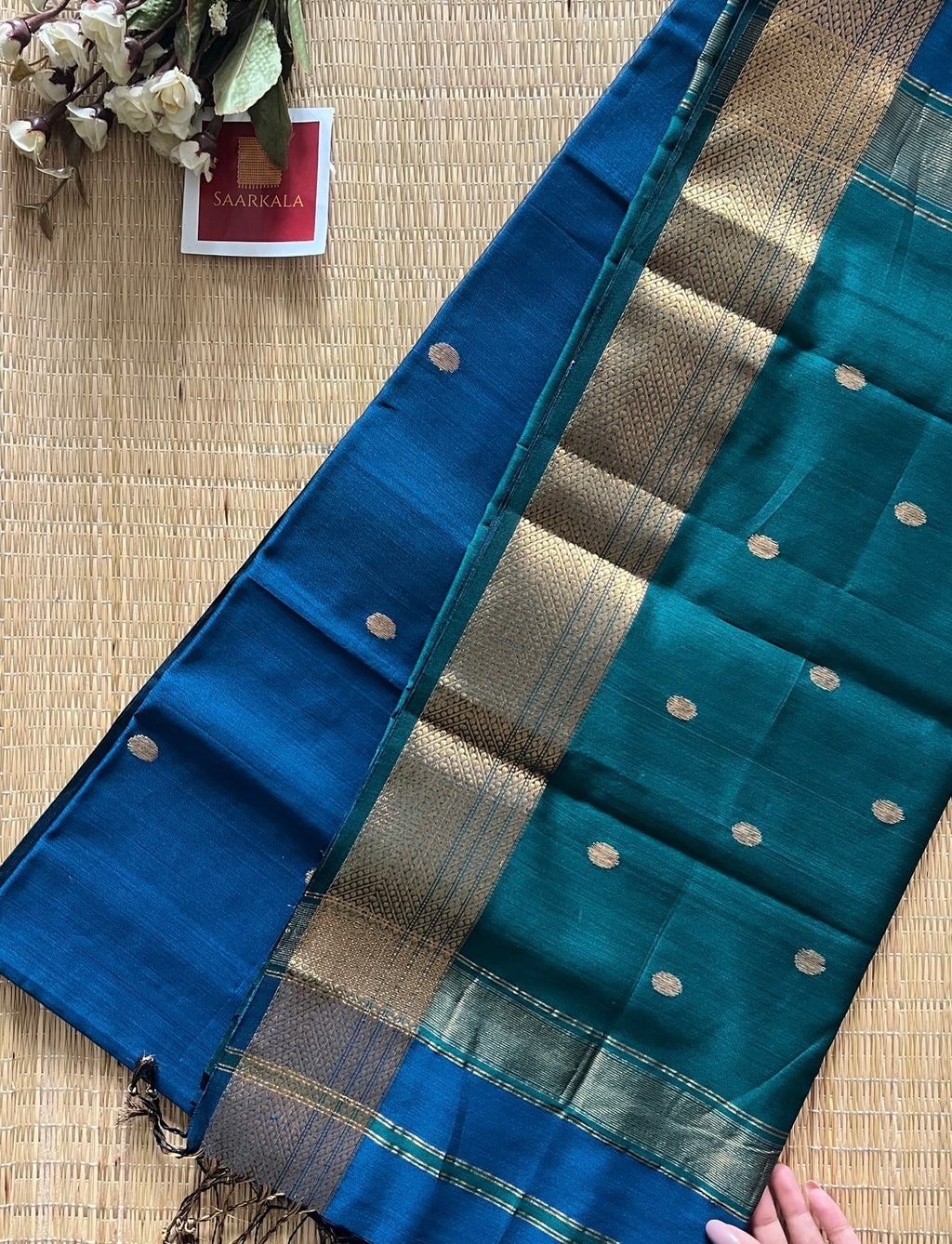 Sikka Rama Blue Maheshwari Handwoven Saree with Gold Zari Border