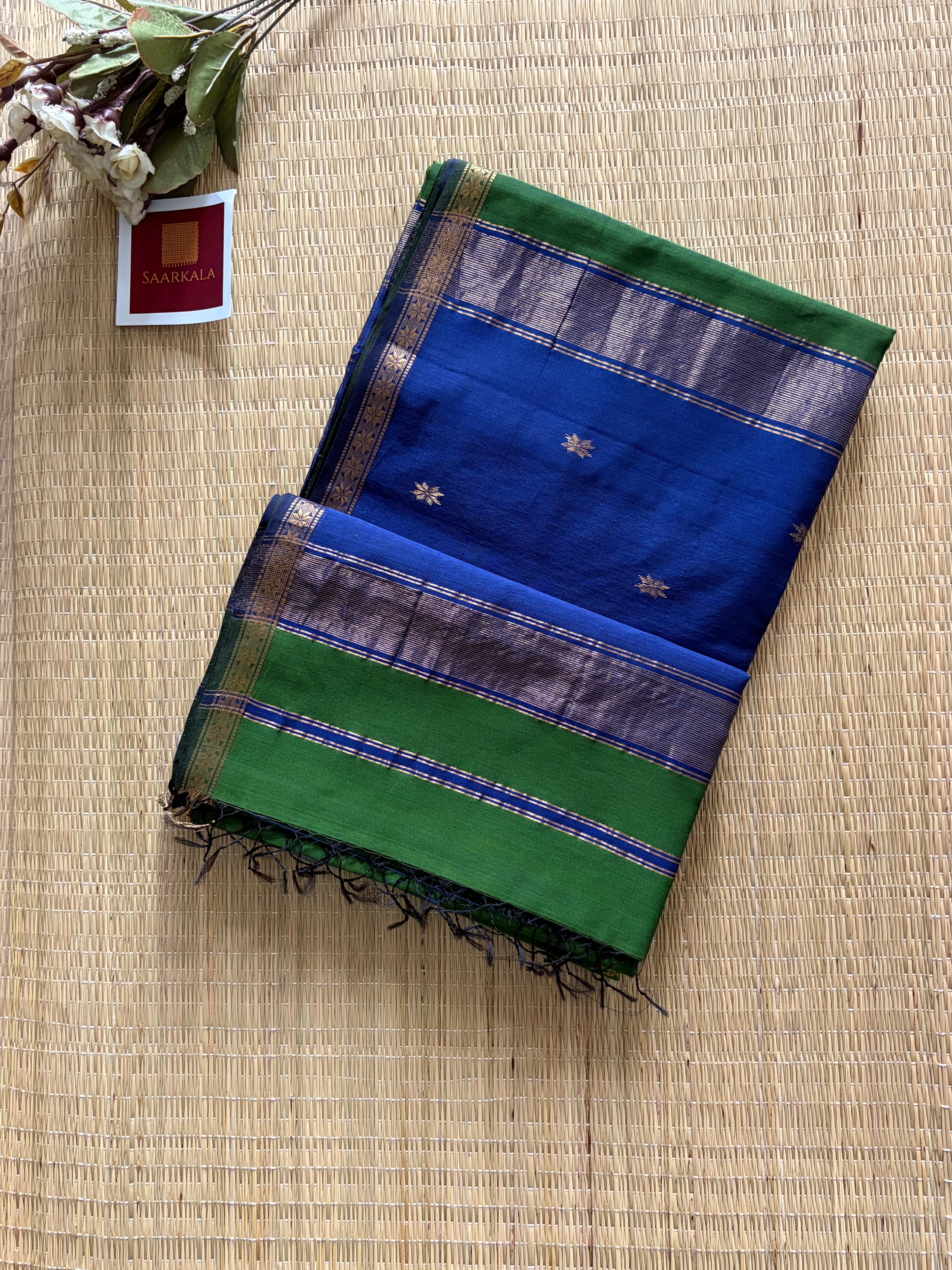 Savan Green & Blue Chameli Maheshwari Handloom Silk Cotton Saree