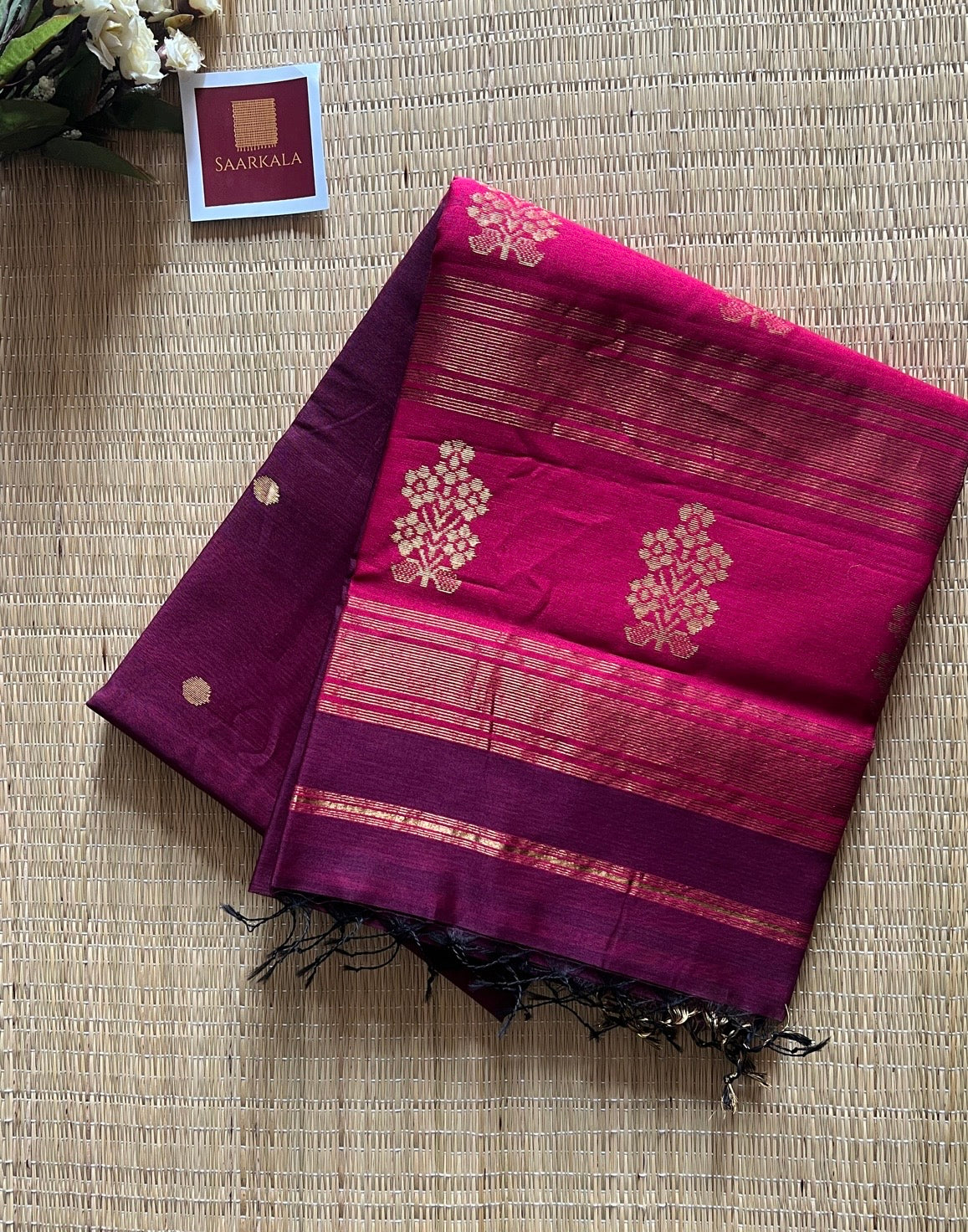 Floral Buta Deep Wine and Magenta Maheshwari Handloom Saree