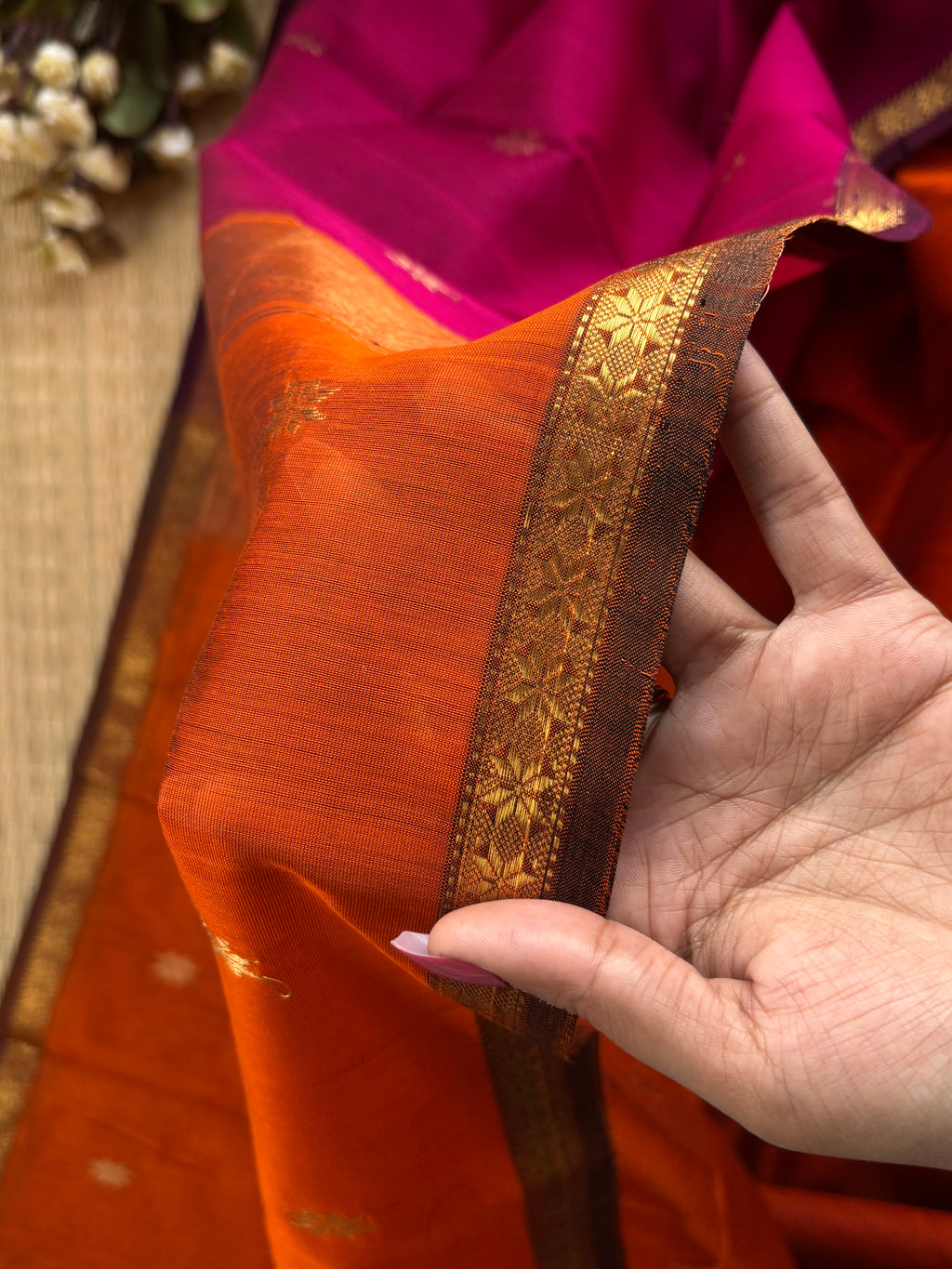 Chameli Pink Orange Maheshwari Handloom Saree