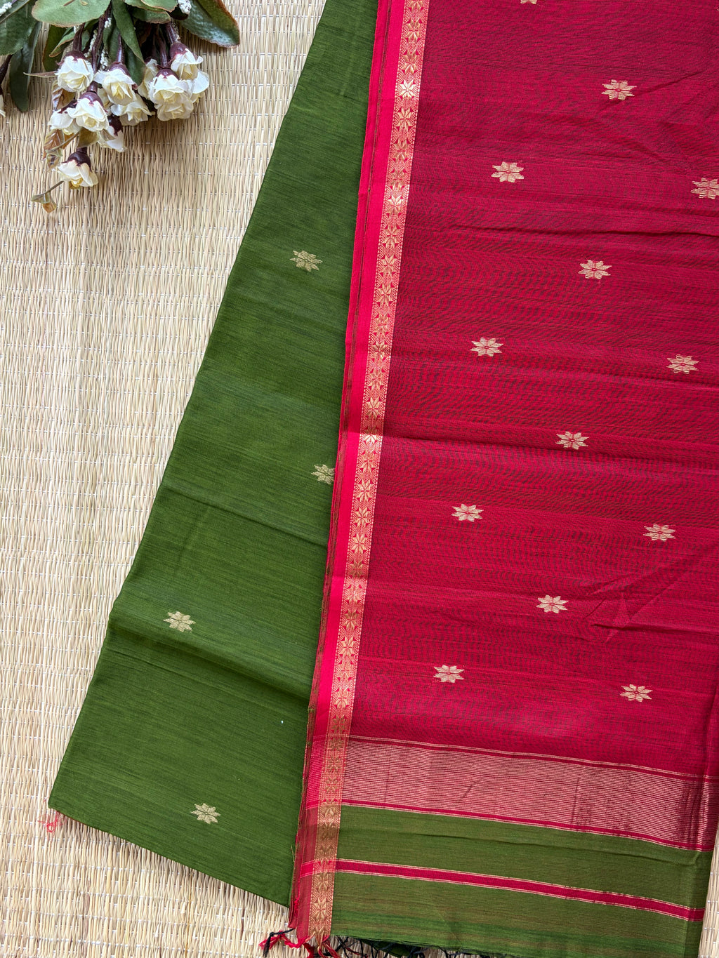 Chameli Red Parrot Green Maheshwari Handloom Saree