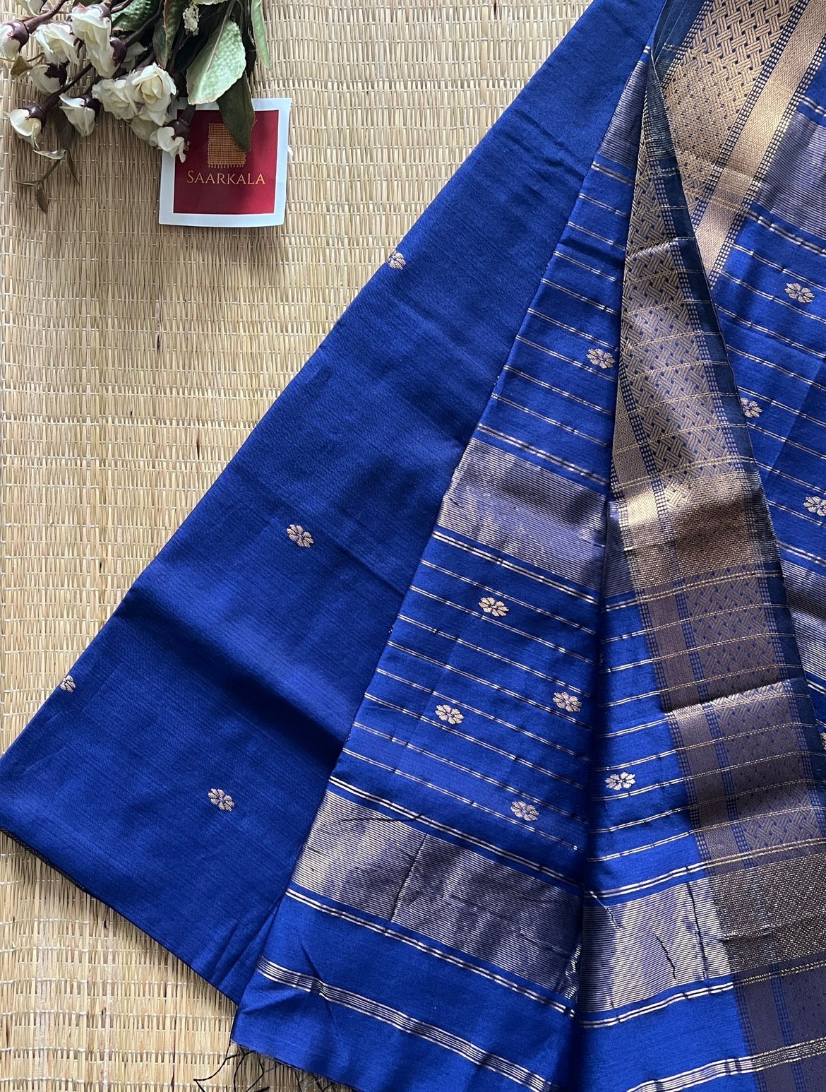 Khatia Blue Maheshwari Handwoven Saree with Gold Zari Border