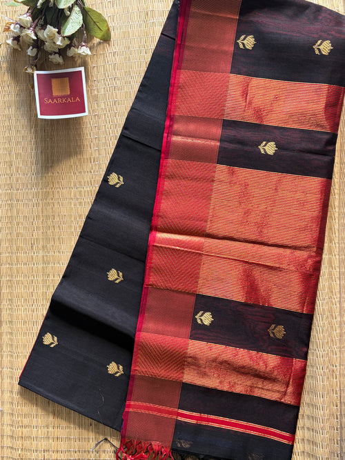 Black Red Lotus Maheshwari silk and cotton Saree