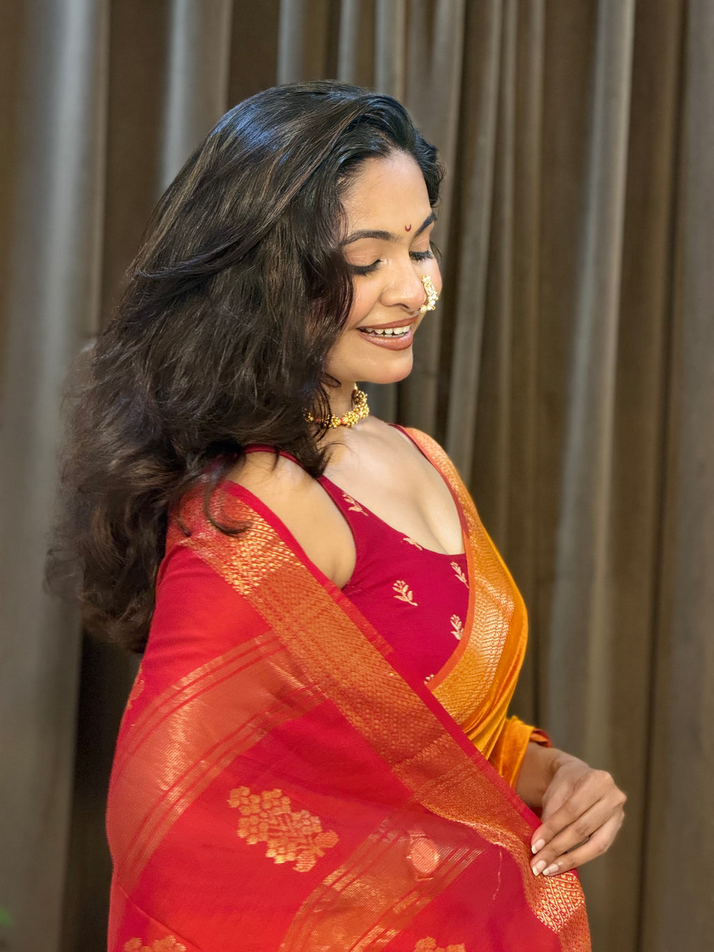 Ashu Floral Buta Mustard & red Maheshwari silk by cotton handloom saree