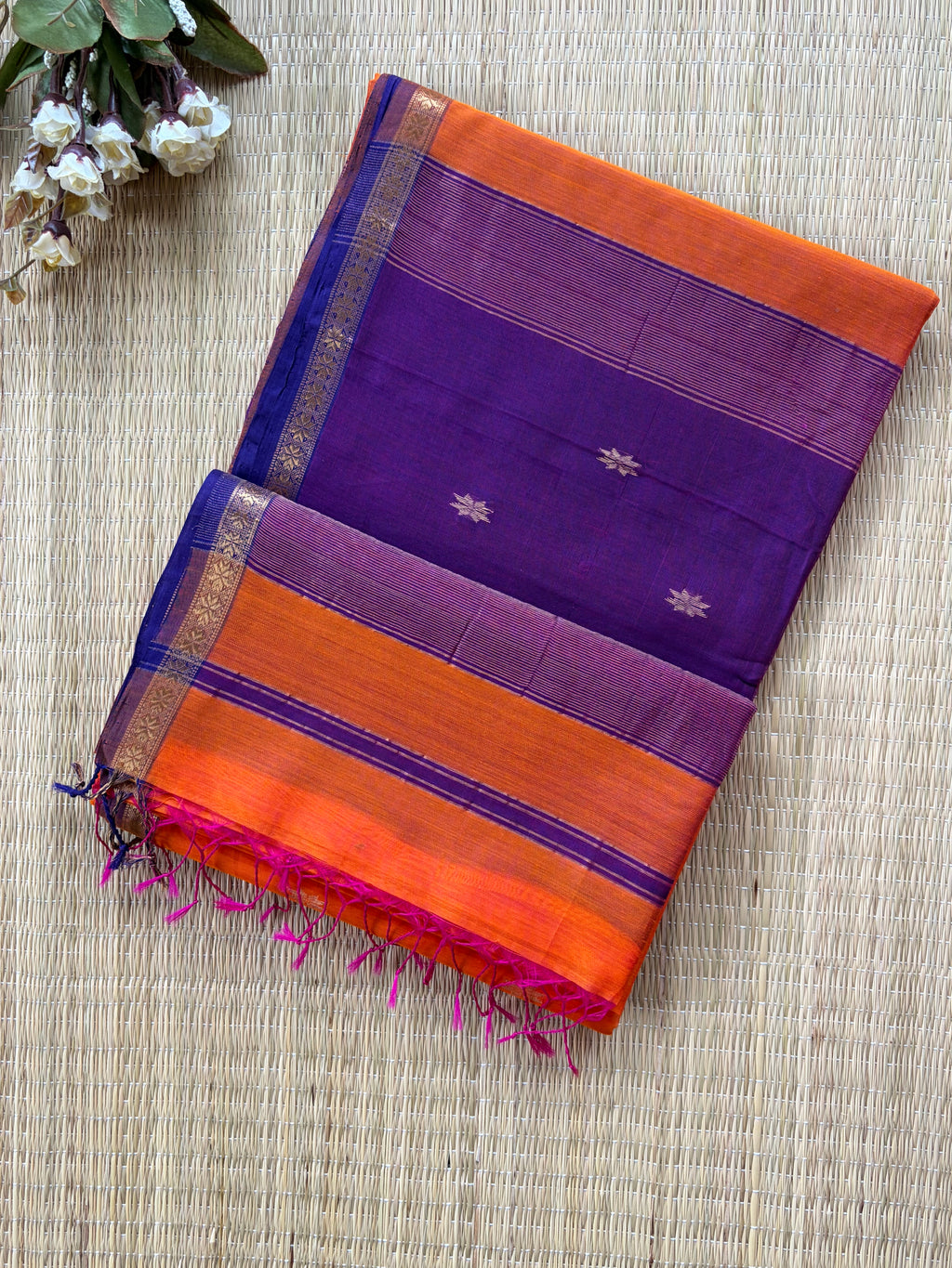 Chameli Orange Purple Maheshwari Handloom Saree