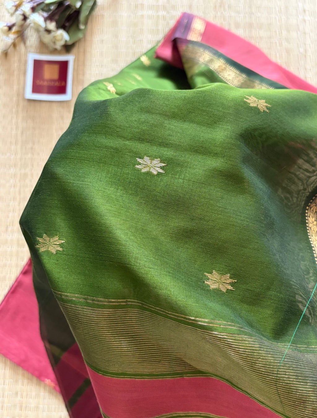 Gajri Green Maheshwari Handwoven Saree with Gold Zari Border