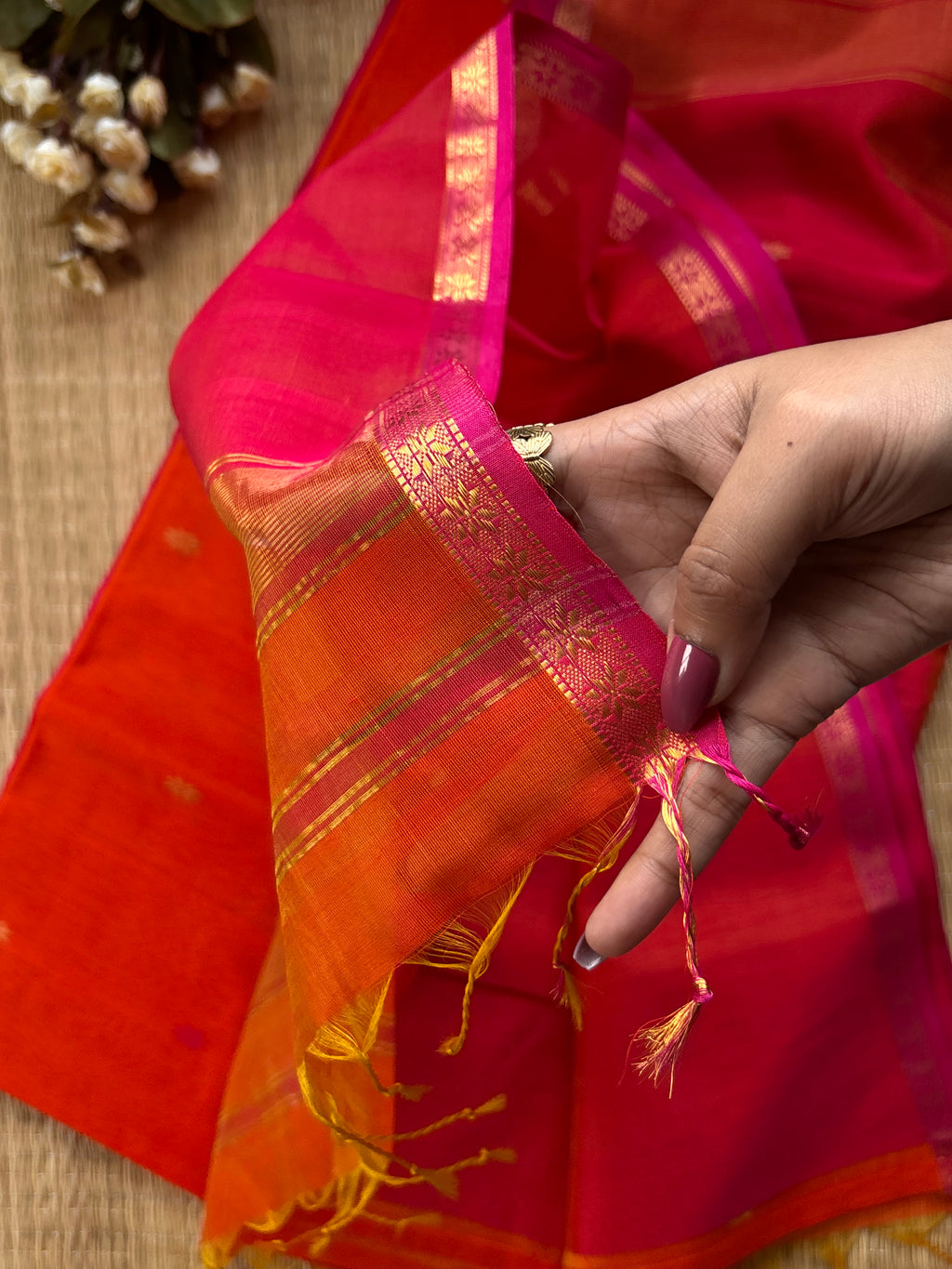 Chameli Orange Pink Maheshwari Handloom Saree