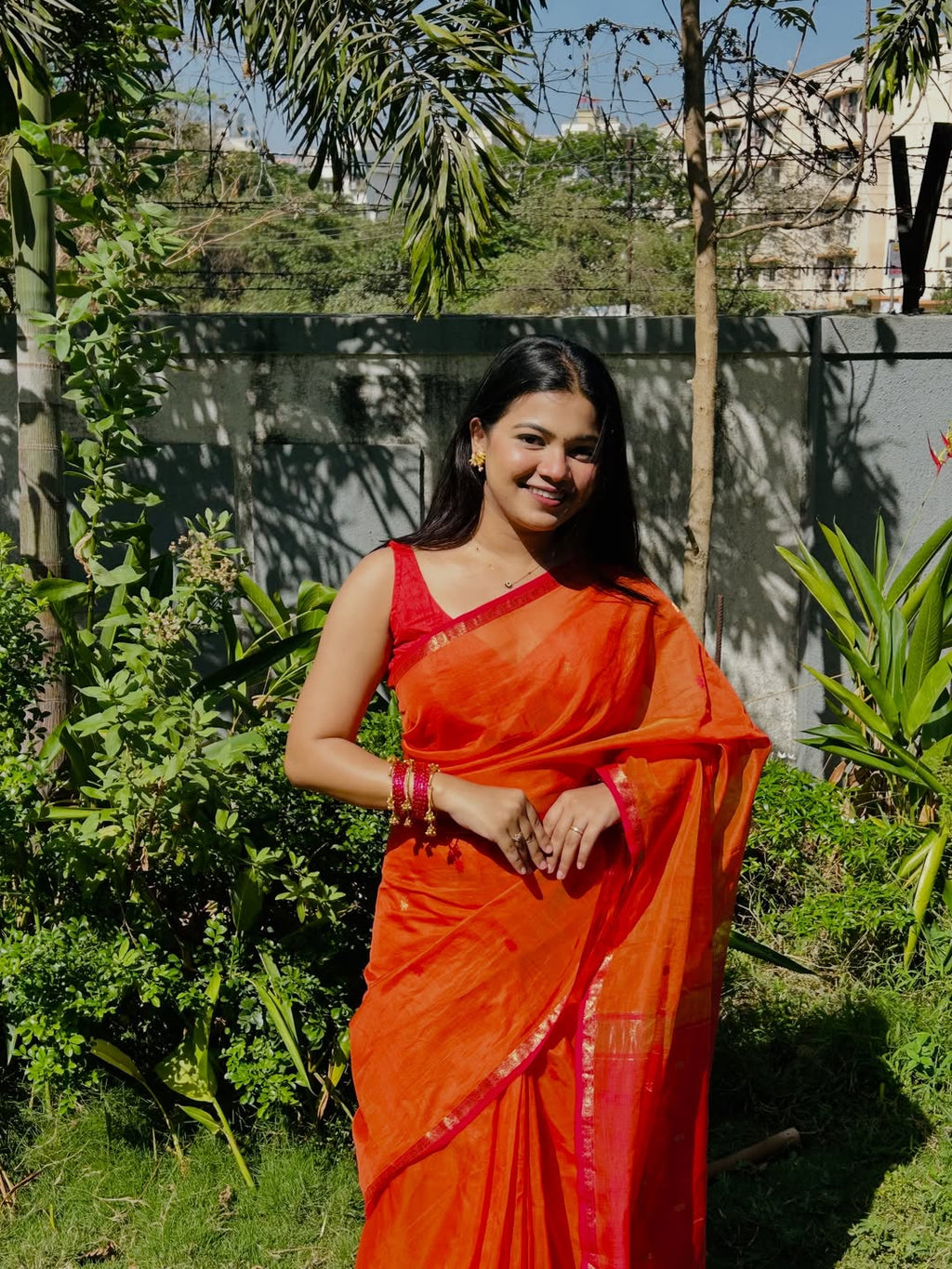 Sayali Orange Pink Chameli Maheshwari Handloom Saree